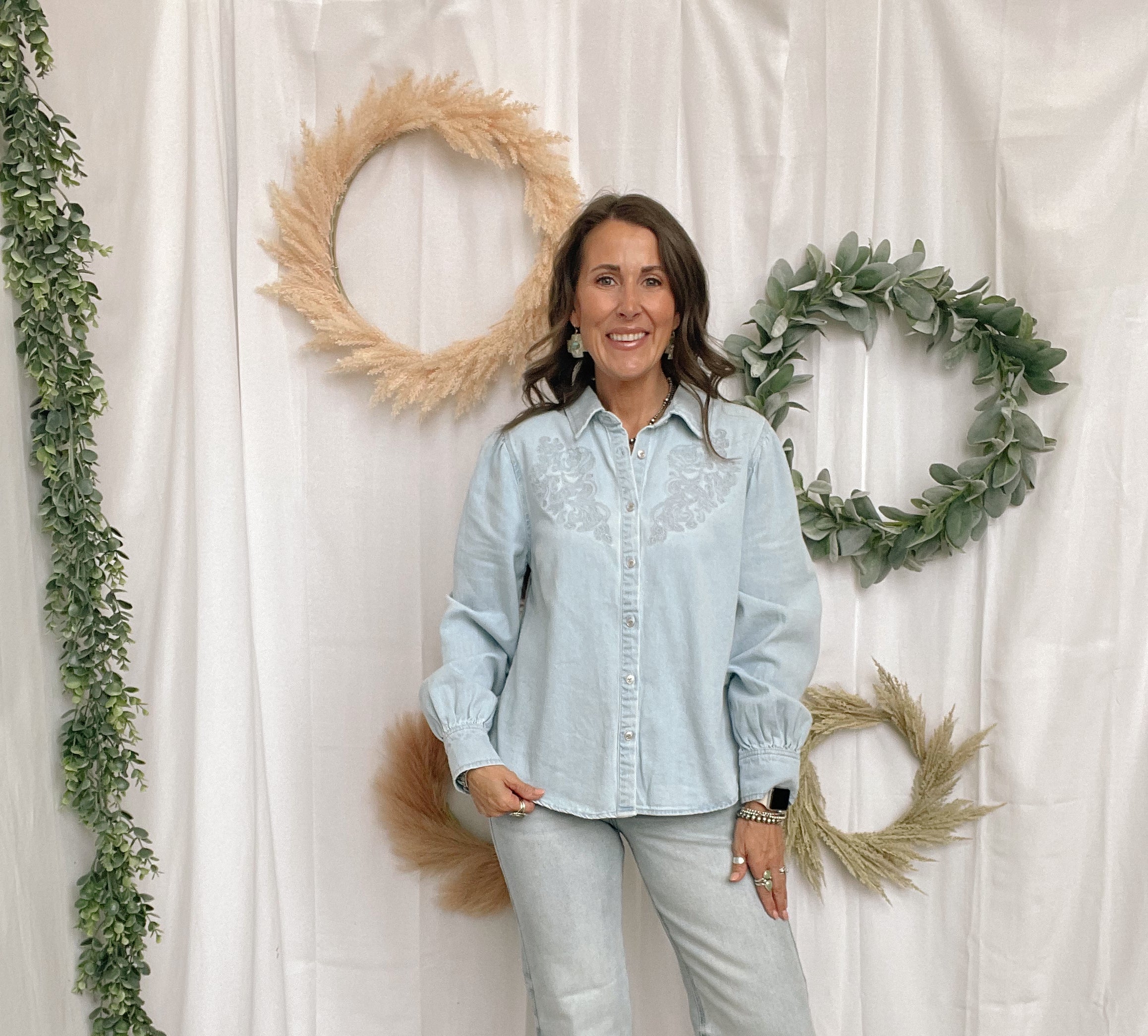 Risen Light Wash Embroidered Top-Long Sleeve Tops-risen-The Silo Boutique, Women's Fashion Boutique Located in Warren and Grand Forks North Dakota