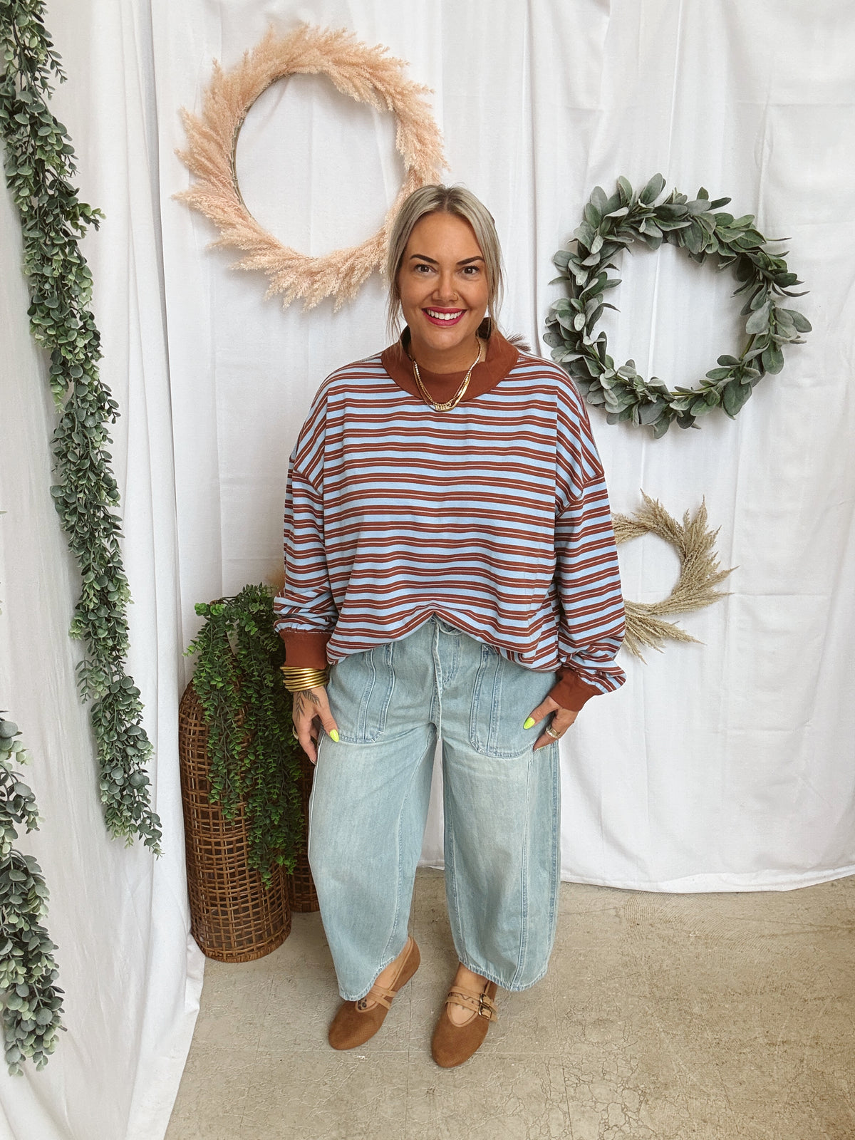Mary Striped Mock Neck Sweatshirt-Choco-Sweatshirts-twentyfourth-The Silo Boutique, Women's Fashion Boutique Located in Warren and Grand Forks North Dakota