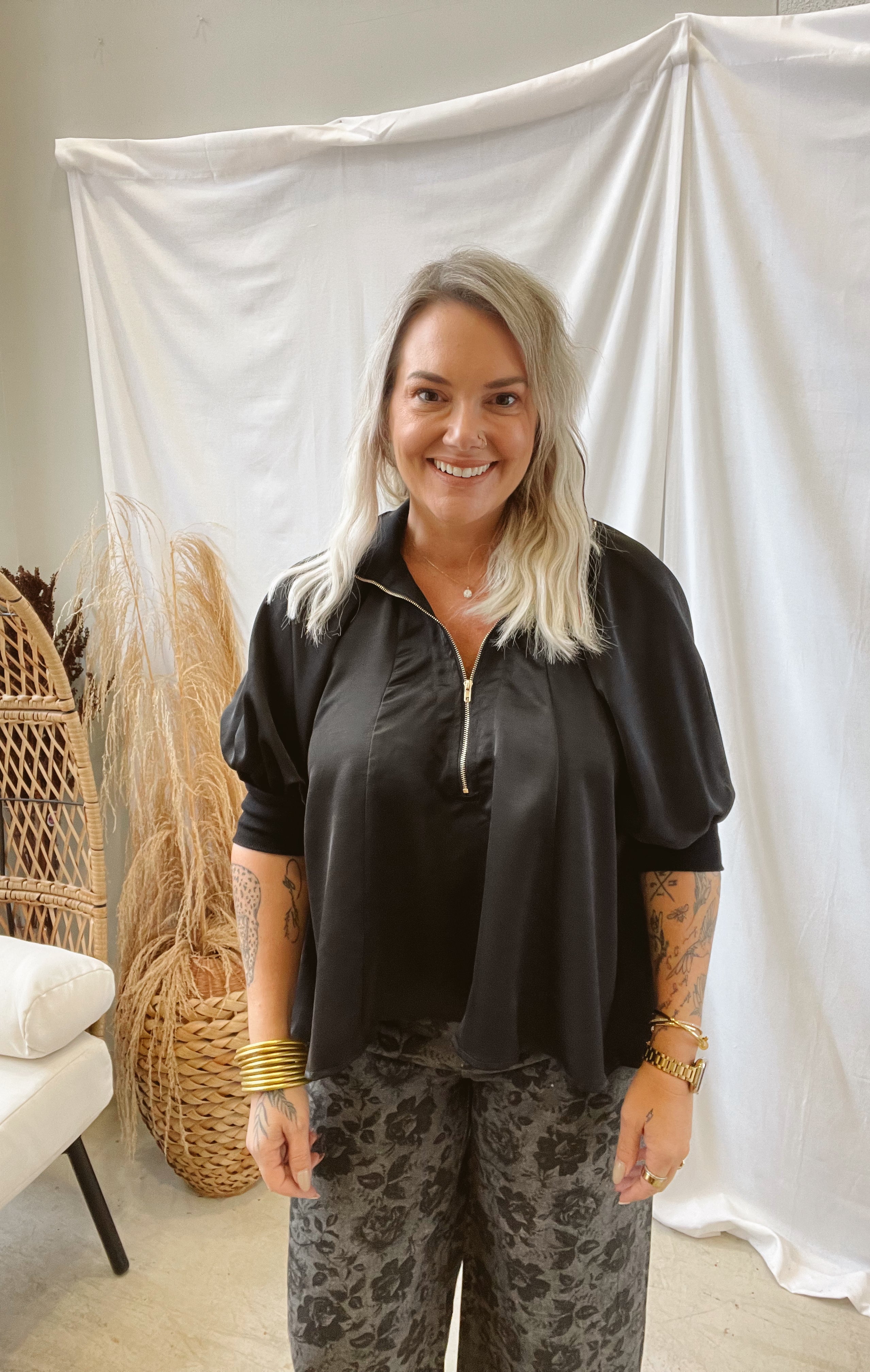 Glam Quarter Zip Satin Top-Black-Short Sleeve Tops-glam-The Silo Boutique, Women's Fashion Boutique Located in Warren and Grand Forks North Dakota