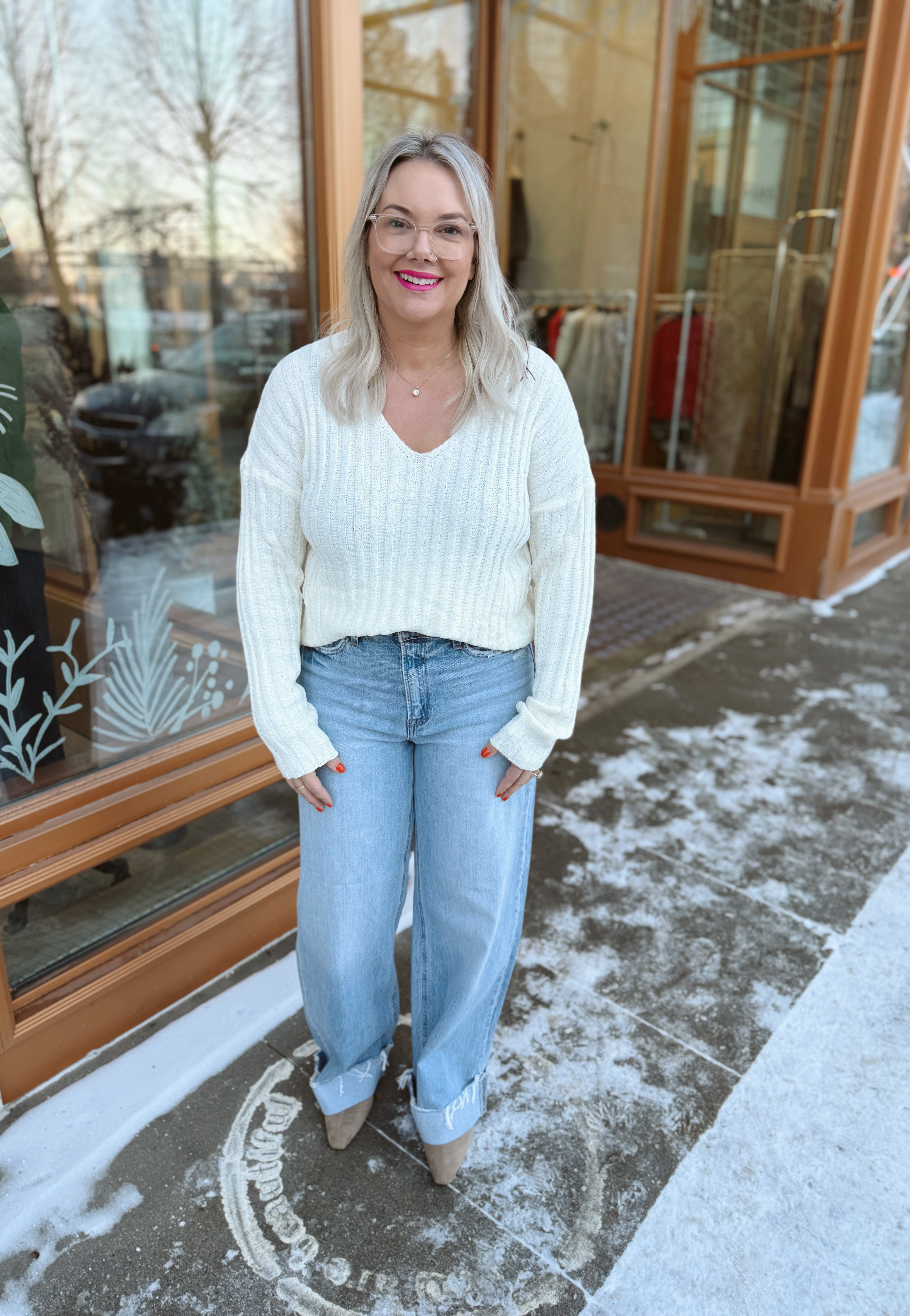 Raised Rib V Neck Sweater-Ivory-Sweaters-be cool-The Silo Boutique, Women's Fashion Boutique Located in Warren and Grand Forks North Dakota