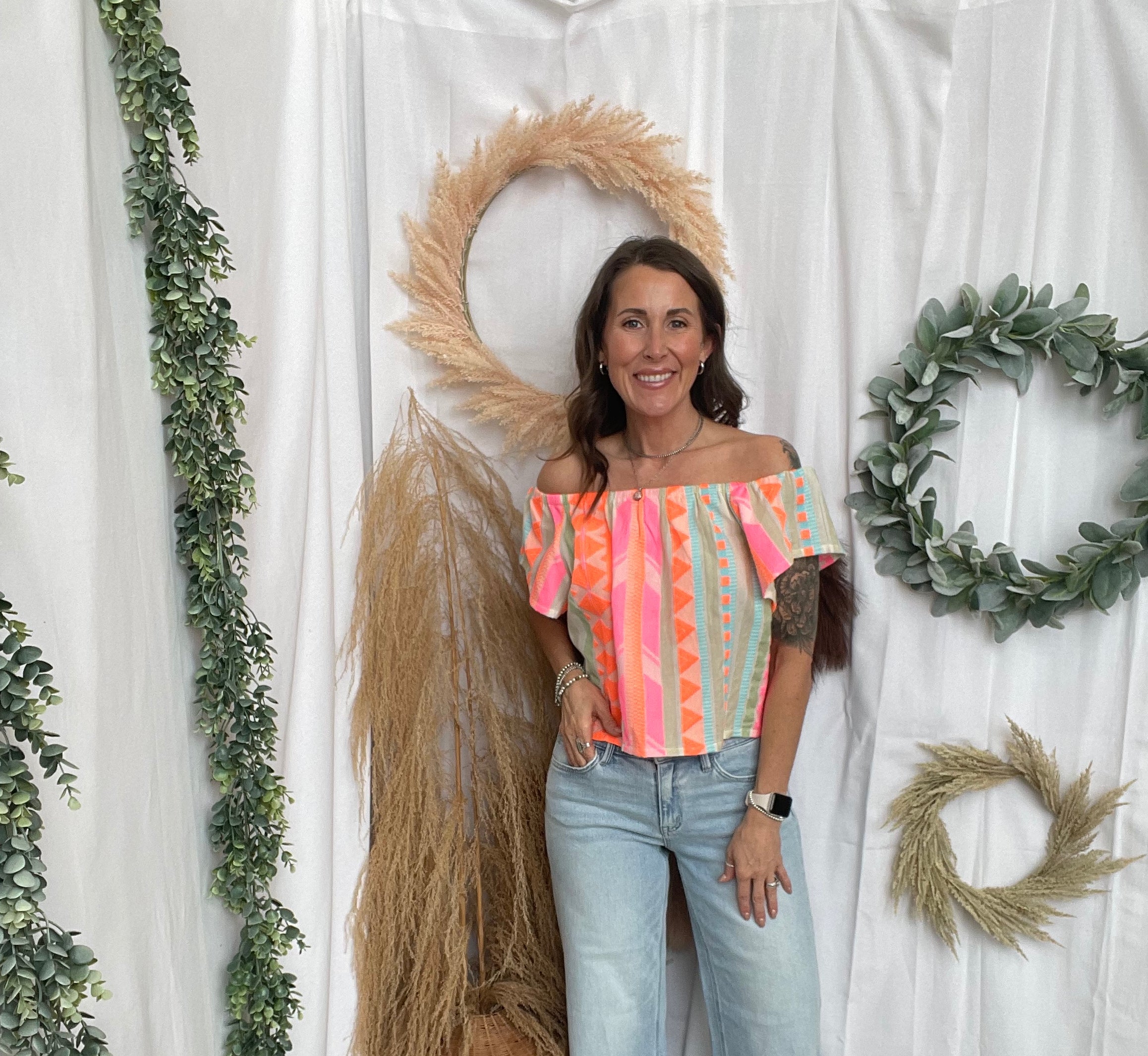 Elan Neon Aztec Off Shoulder Top-Short Sleeve Tops-elan-The Silo Boutique, Women's Fashion Boutique Located in Warren and Grand Forks North Dakota