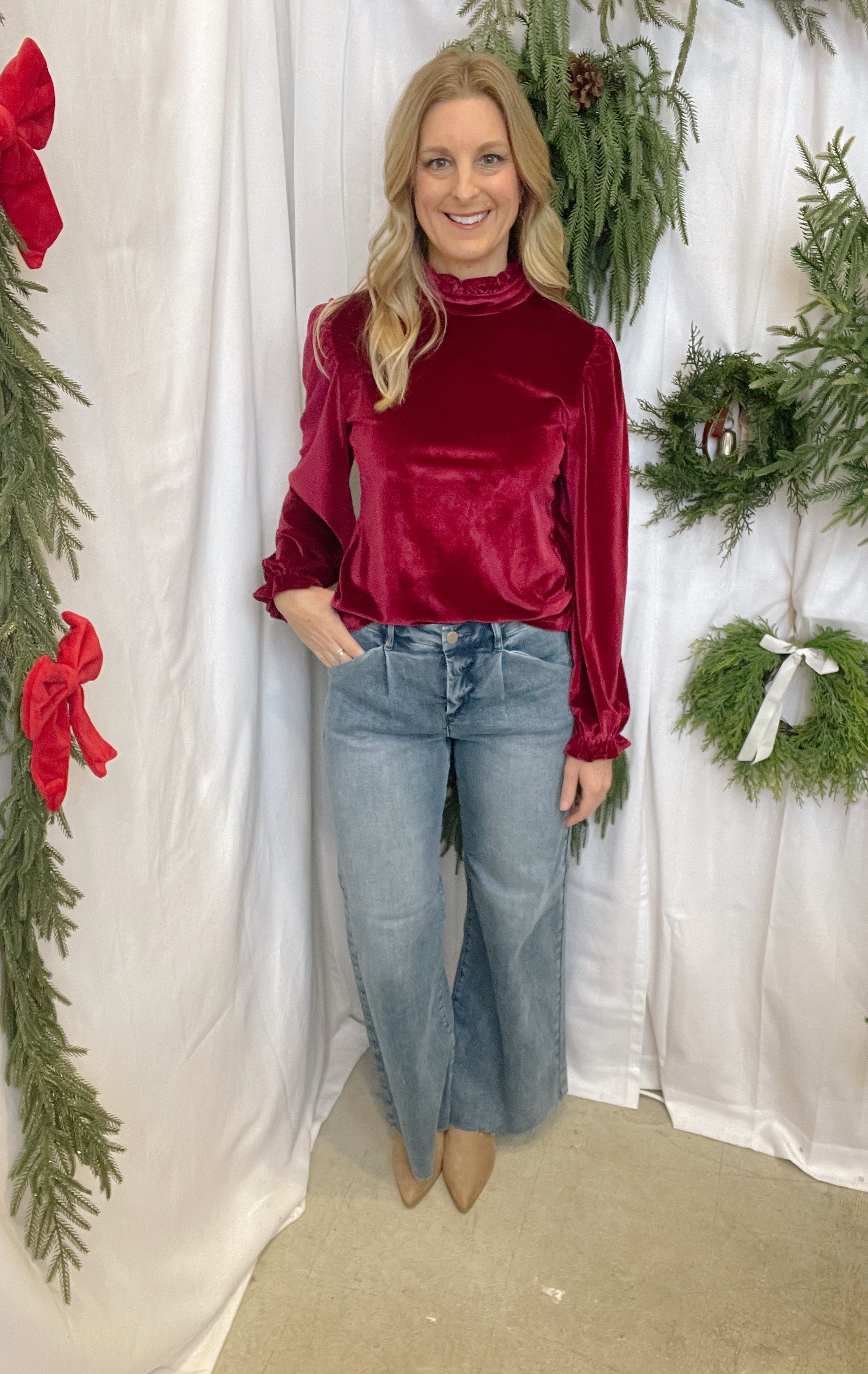 Magenta Velvet Puff Sleeve Top-Long Sleeve Tops-lamiel-The Silo Boutique, Women's Fashion Boutique Located in Warren and Grand Forks North Dakota