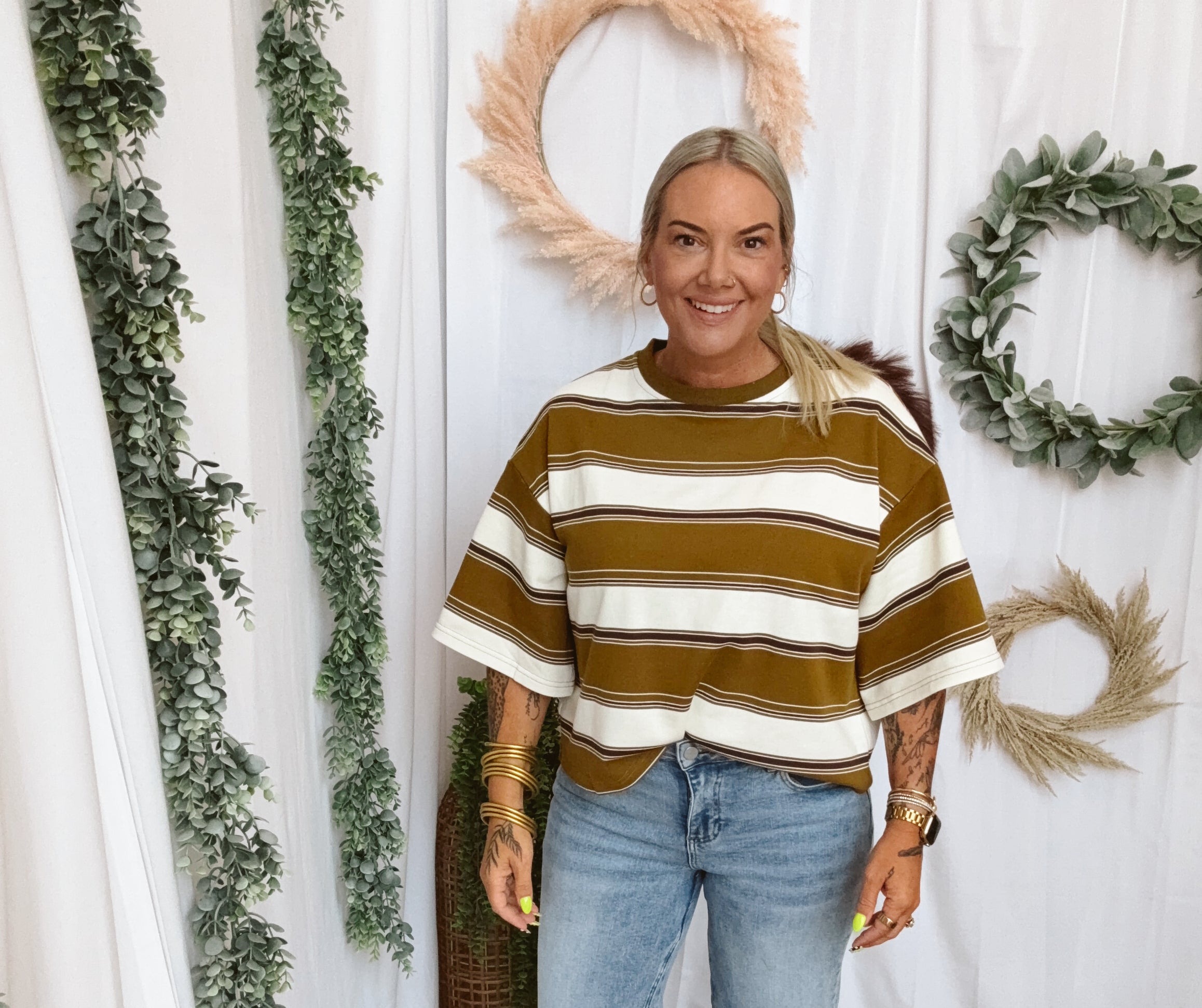 Oh For Fun Striped Tee-Olive-Short Sleeve Tops-fun2fun-The Silo Boutique, Women's Fashion Boutique Located in Warren and Grand Forks North Dakota