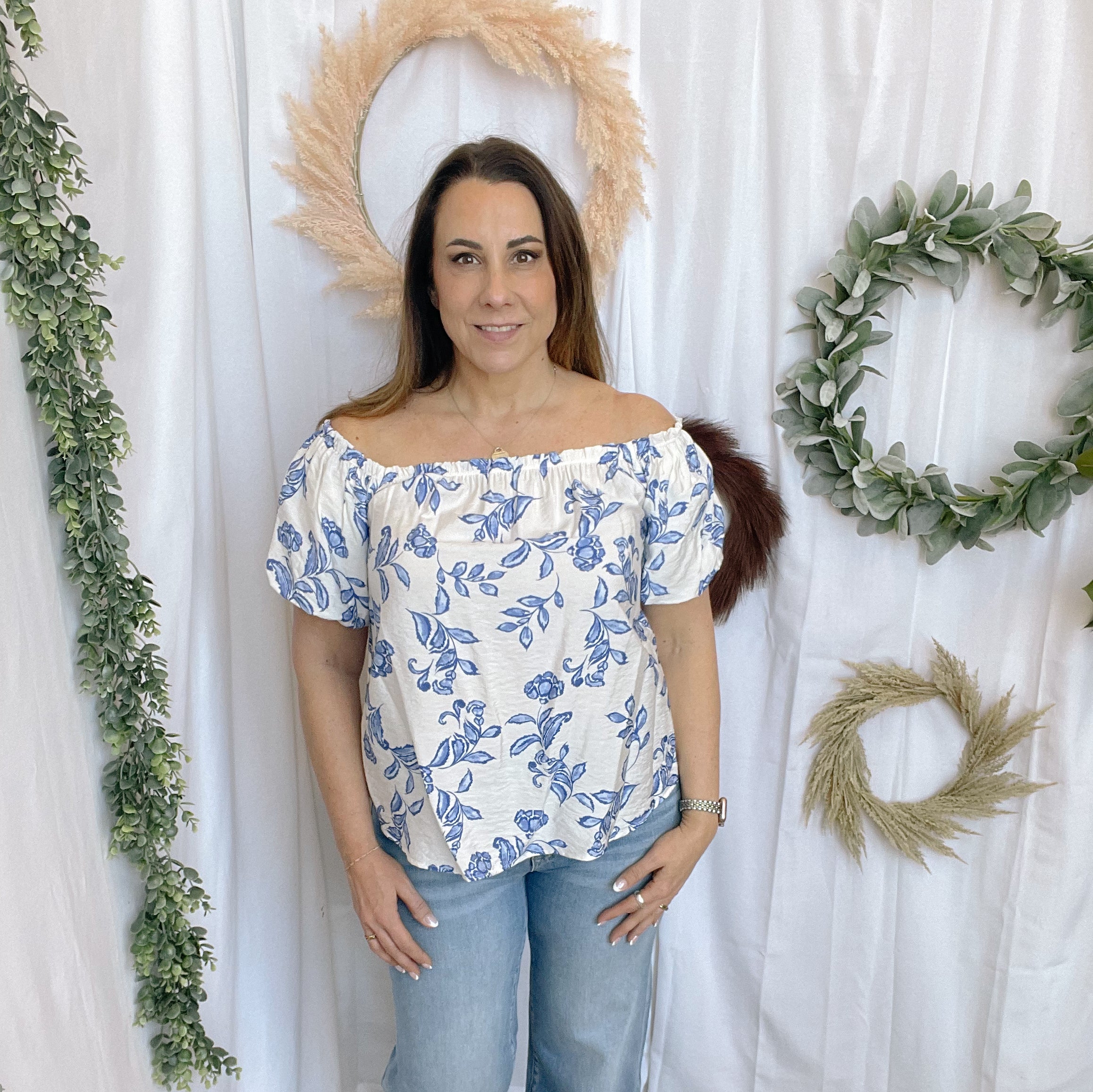 Blue Floral Off the Shoulder Top-Short Sleeve Tops-les amis-The Silo Boutique, Women's Fashion Boutique Located in Warren and Grand Forks North Dakota