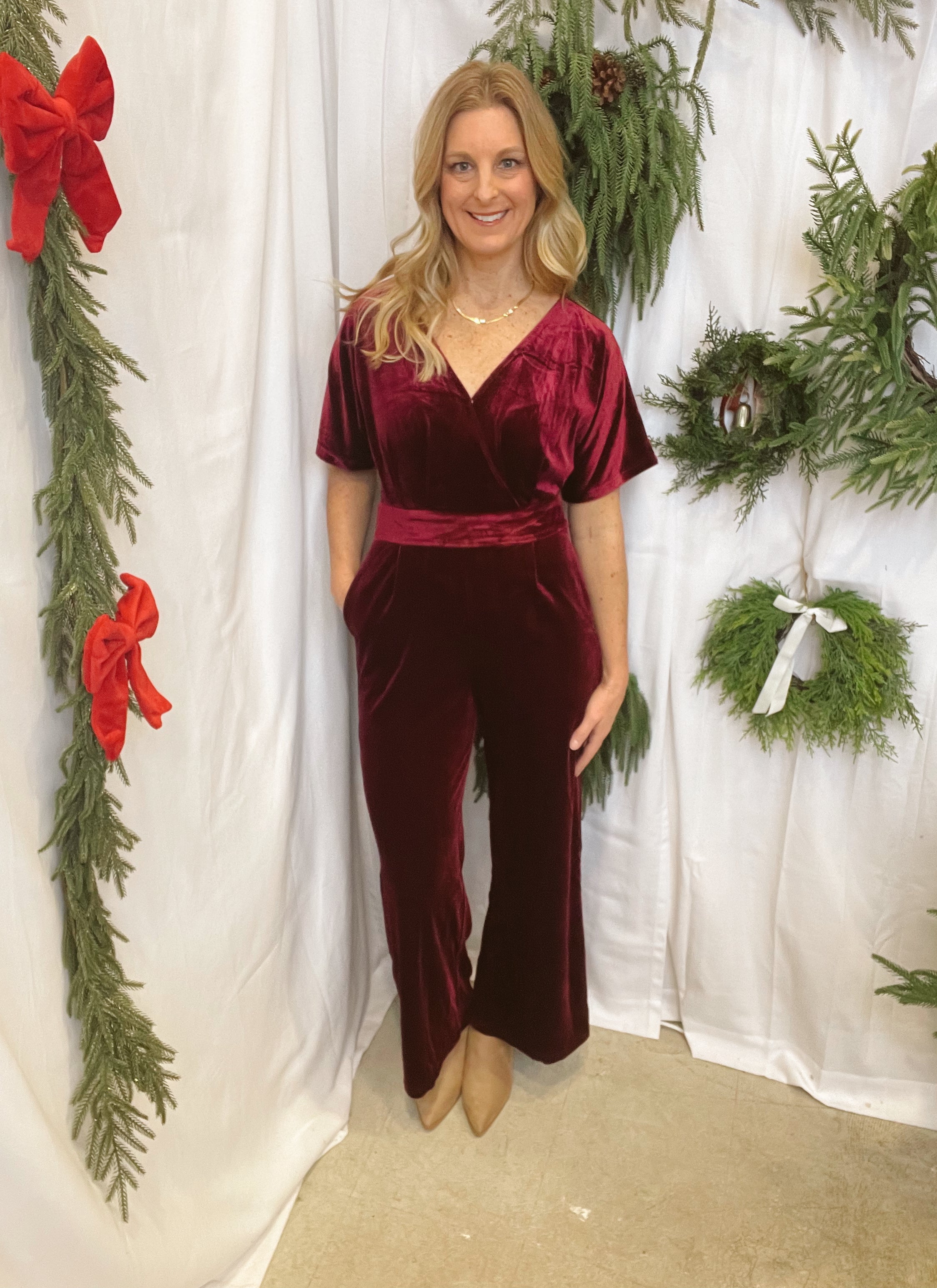 Burgundy Velvet Jumper-Jumpsuits & Rompers-hem and thread-The Silo Boutique, Women's Fashion Boutique Located in Warren and Grand Forks North Dakota