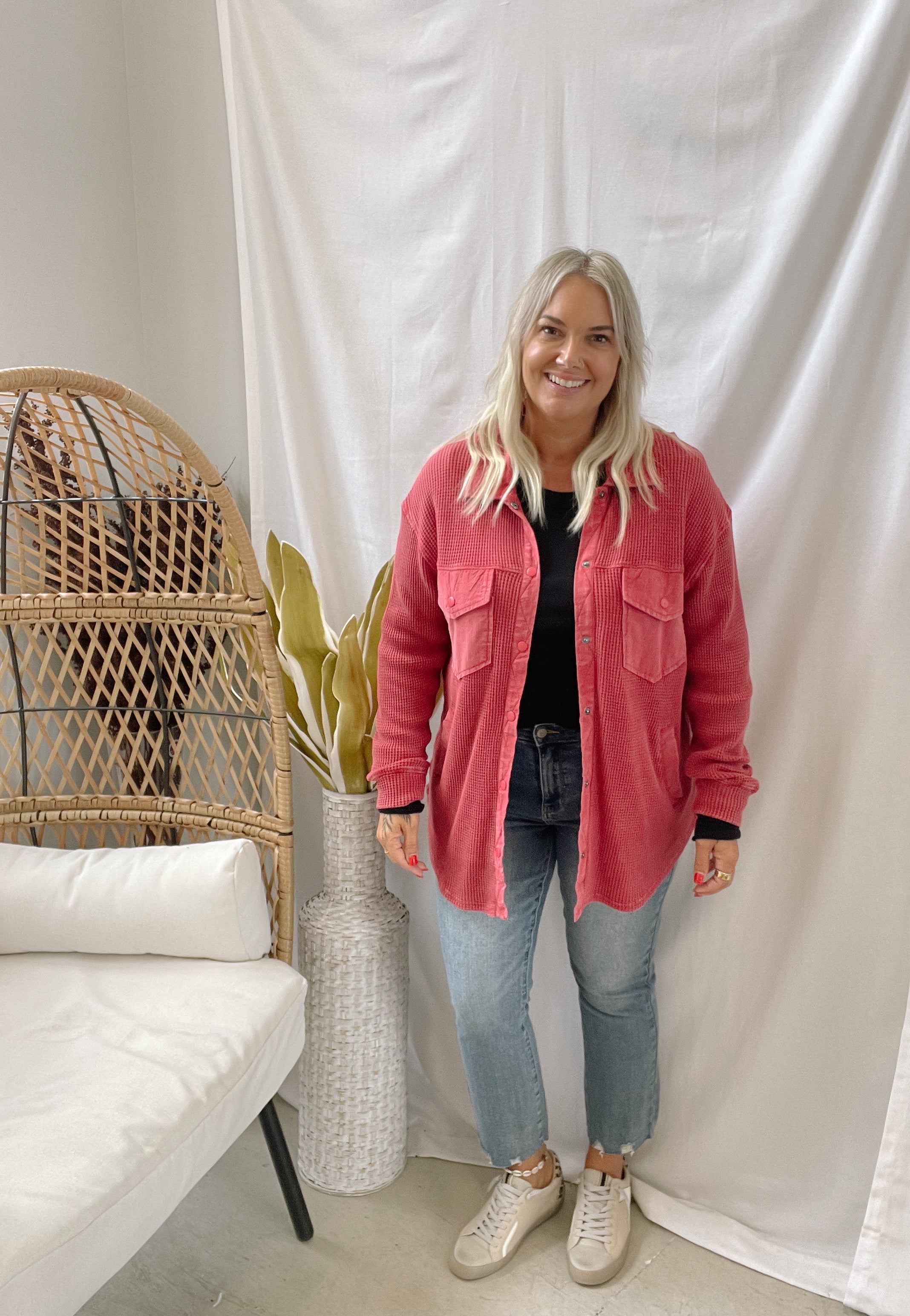 Waffle Knit Button Down Top-Red-Coats & Jackets-mono b-The Silo Boutique, Women's Fashion Boutique Located in Warren and Grand Forks North Dakota