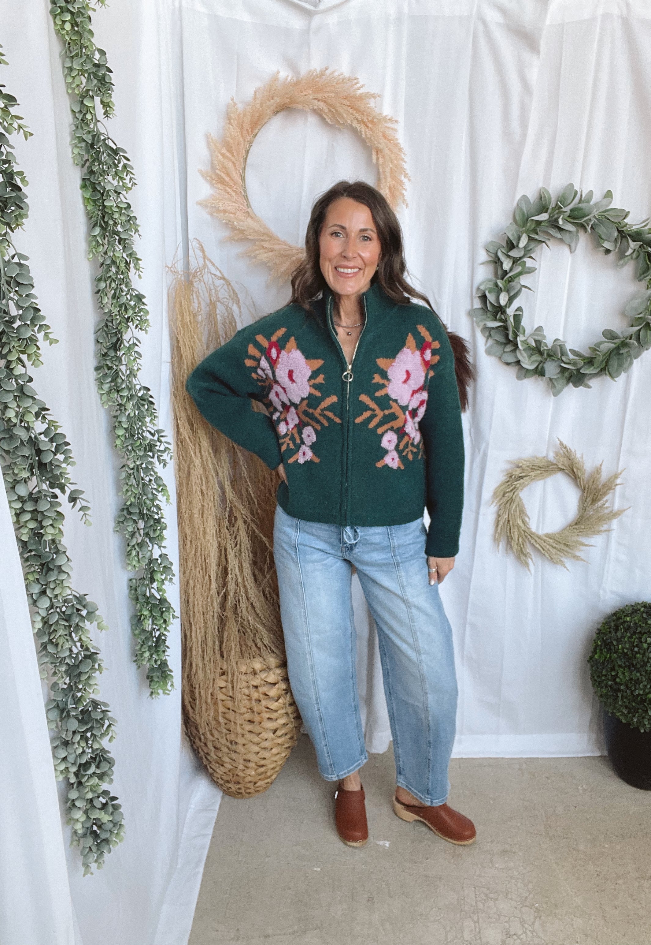 Teal Floral Zip Sweater-Sweaters-&merci-The Silo Boutique, Women's Fashion Boutique Located in Warren and Grand Forks North Dakota