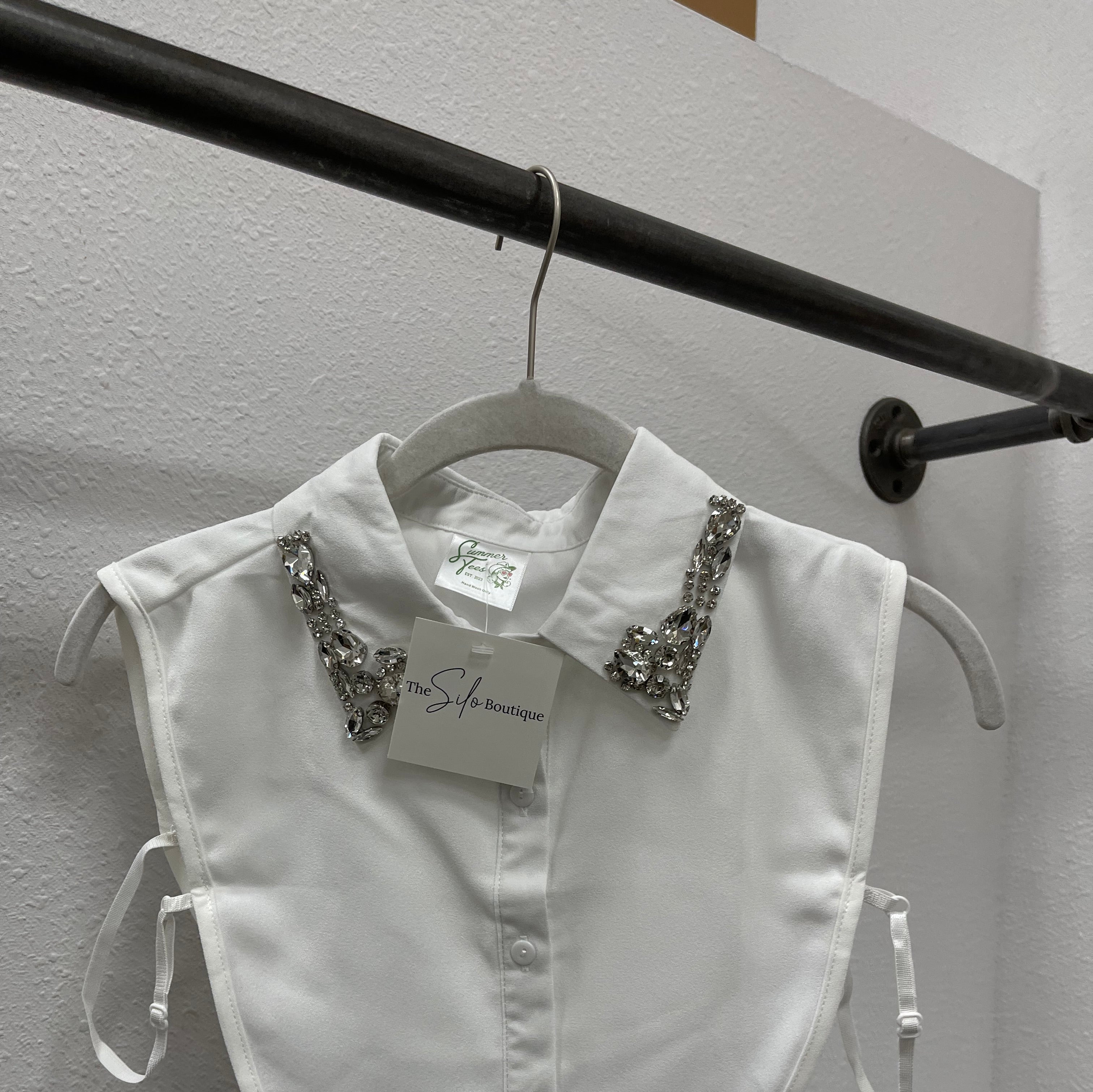 Corporate Collar-White Jewels-Short Sleeve Tops-Summer Tees-The Silo Boutique, Women's Fashion Boutique Located in Warren and Grand Forks North Dakota