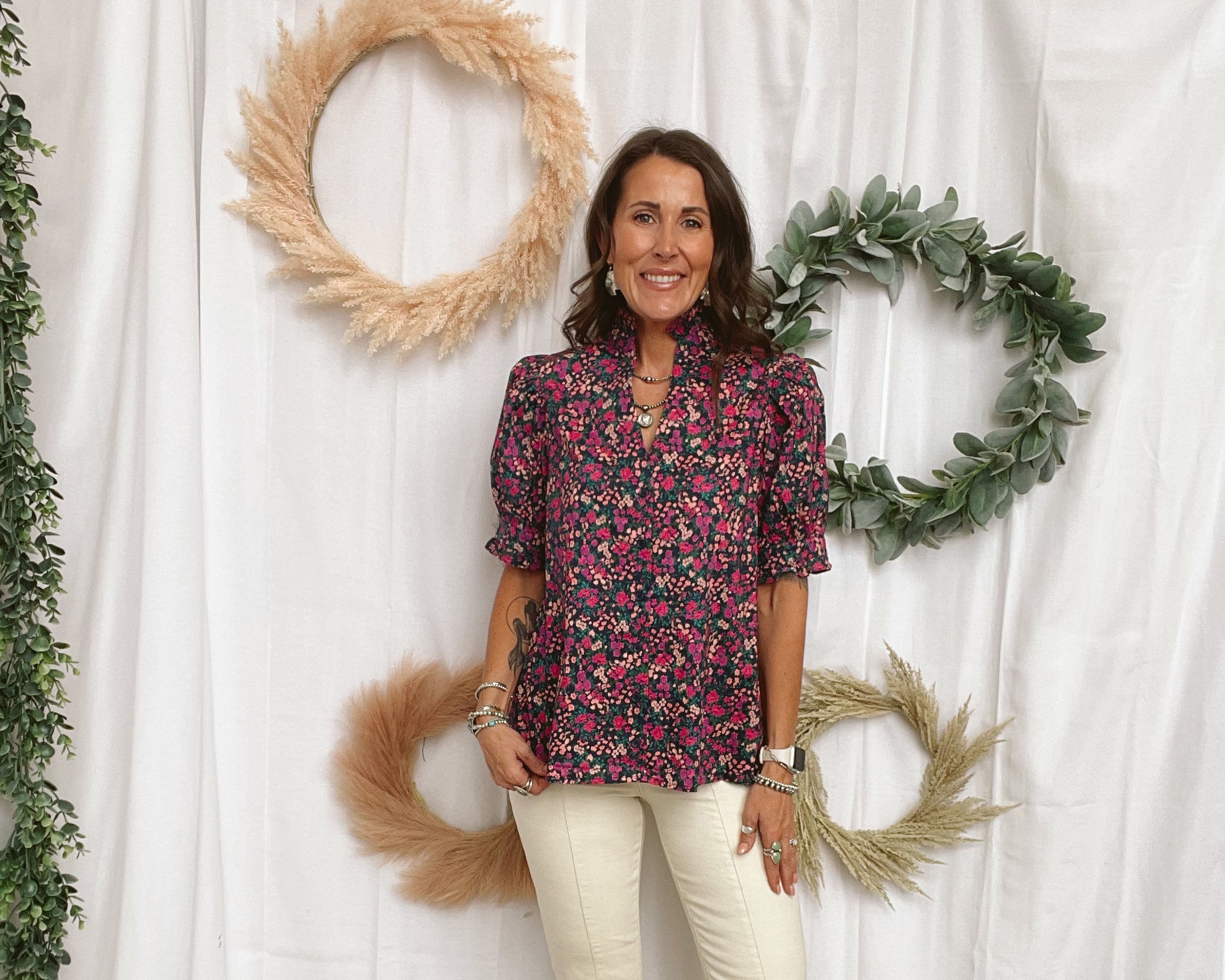 Floral Bouquet Top-Short Sleeve Tops-ENTRO-The Silo Boutique, Women's Fashion Boutique Located in Warren and Grand Forks North Dakota