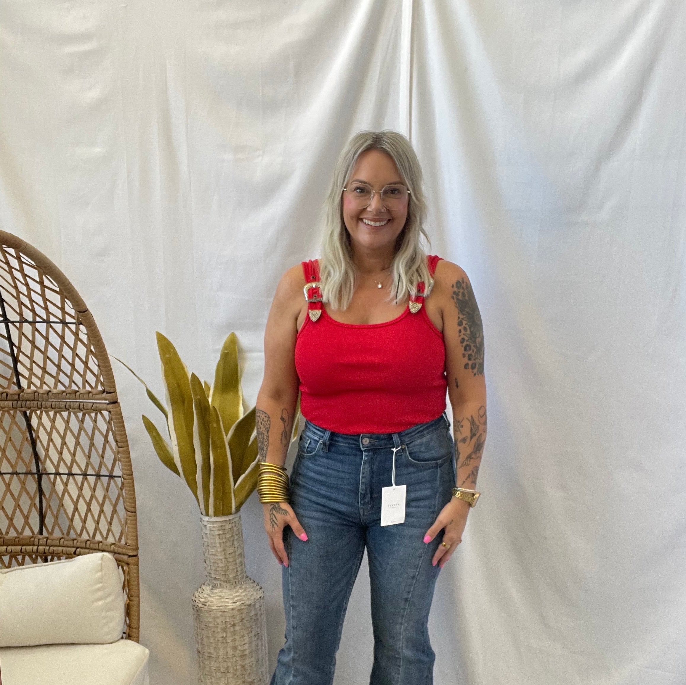 Ribbed Buckle Tank Top Bodysuit-Red-Tank Tops-blue B-The Silo Boutique, Women's Fashion Boutique Located in Warren and Grand Forks North Dakota