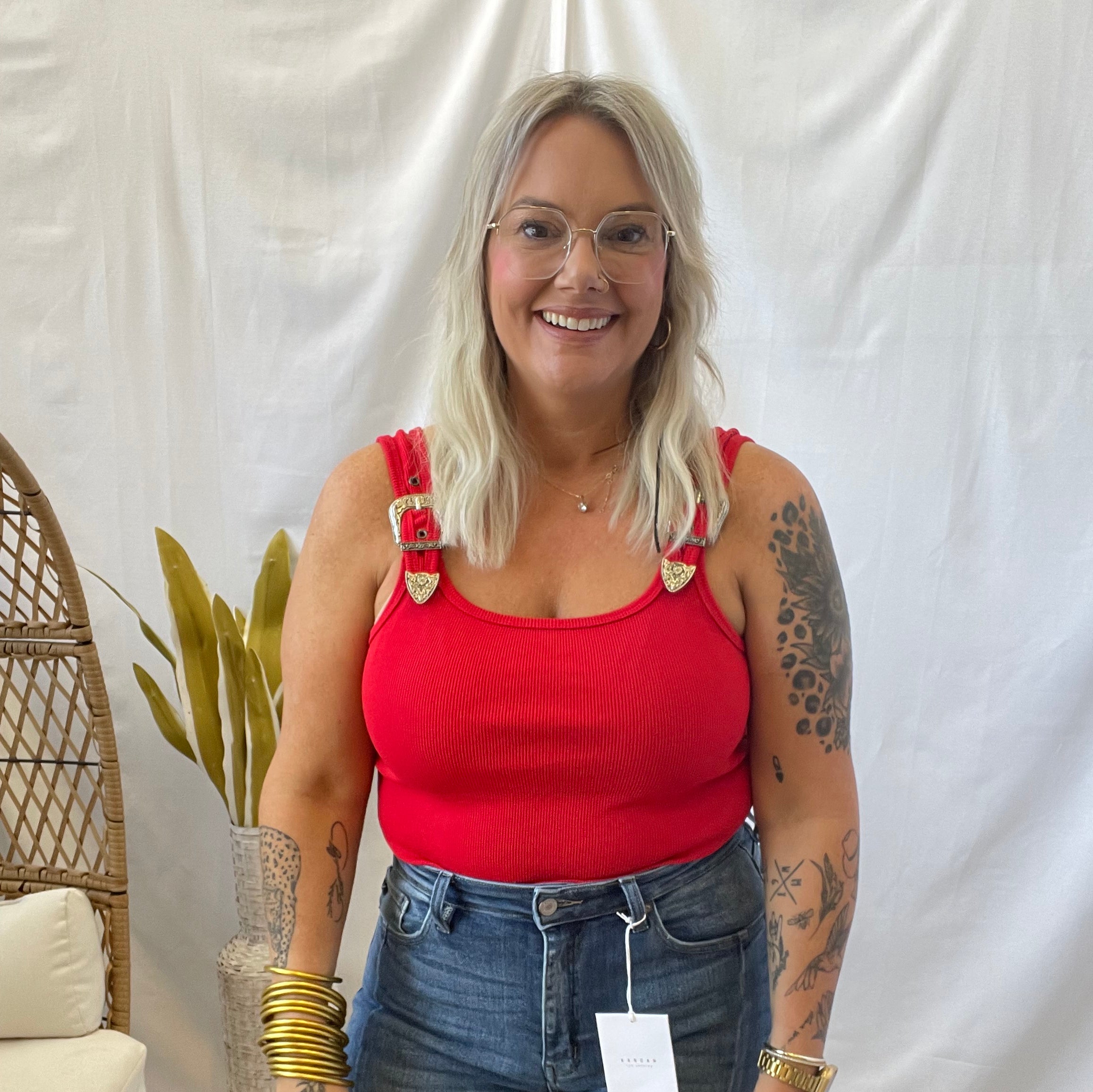 Ribbed Buckle Tank Top Bodysuit-Red-Tank Tops-blue B-The Silo Boutique, Women's Fashion Boutique Located in Warren and Grand Forks North Dakota