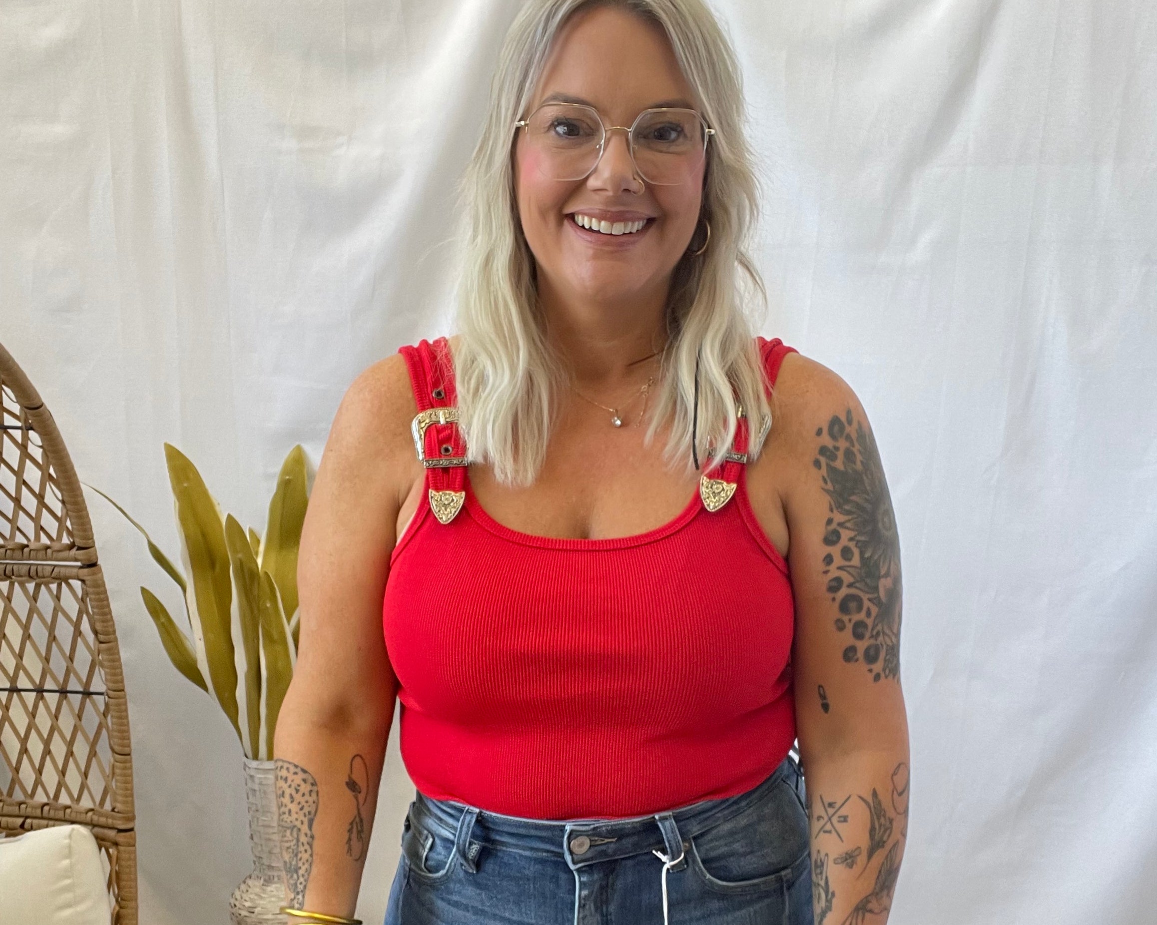 Ribbed Buckle Tank Top Bodysuit-Red-Tank Tops-blue B-The Silo Boutique, Women's Fashion Boutique Located in Warren and Grand Forks North Dakota