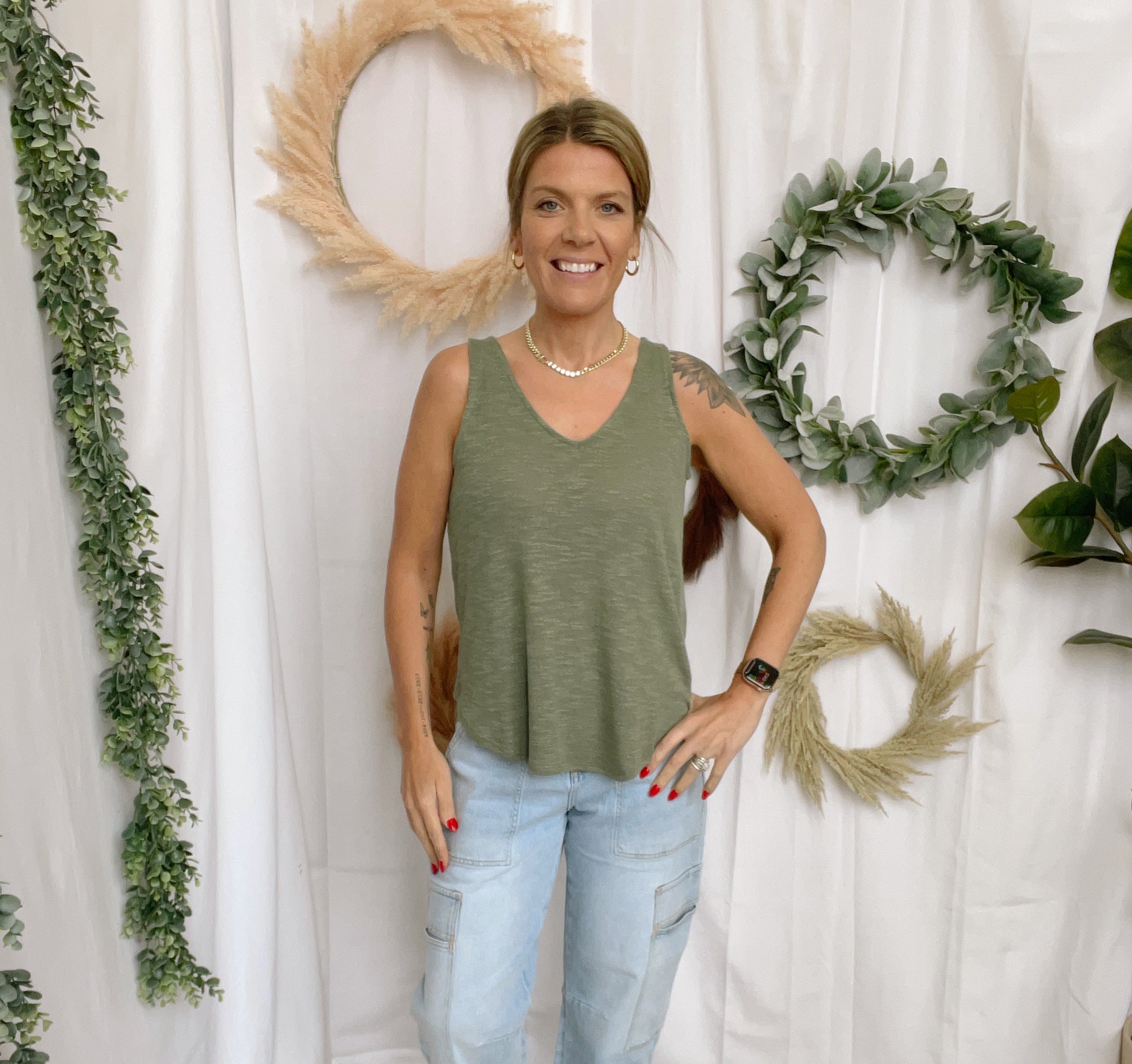 Mel V Neck Slub Tank Top-Olive-Tank Tops-Zenana-The Silo Boutique, Women's Fashion Boutique Located in Warren and Grand Forks North Dakota