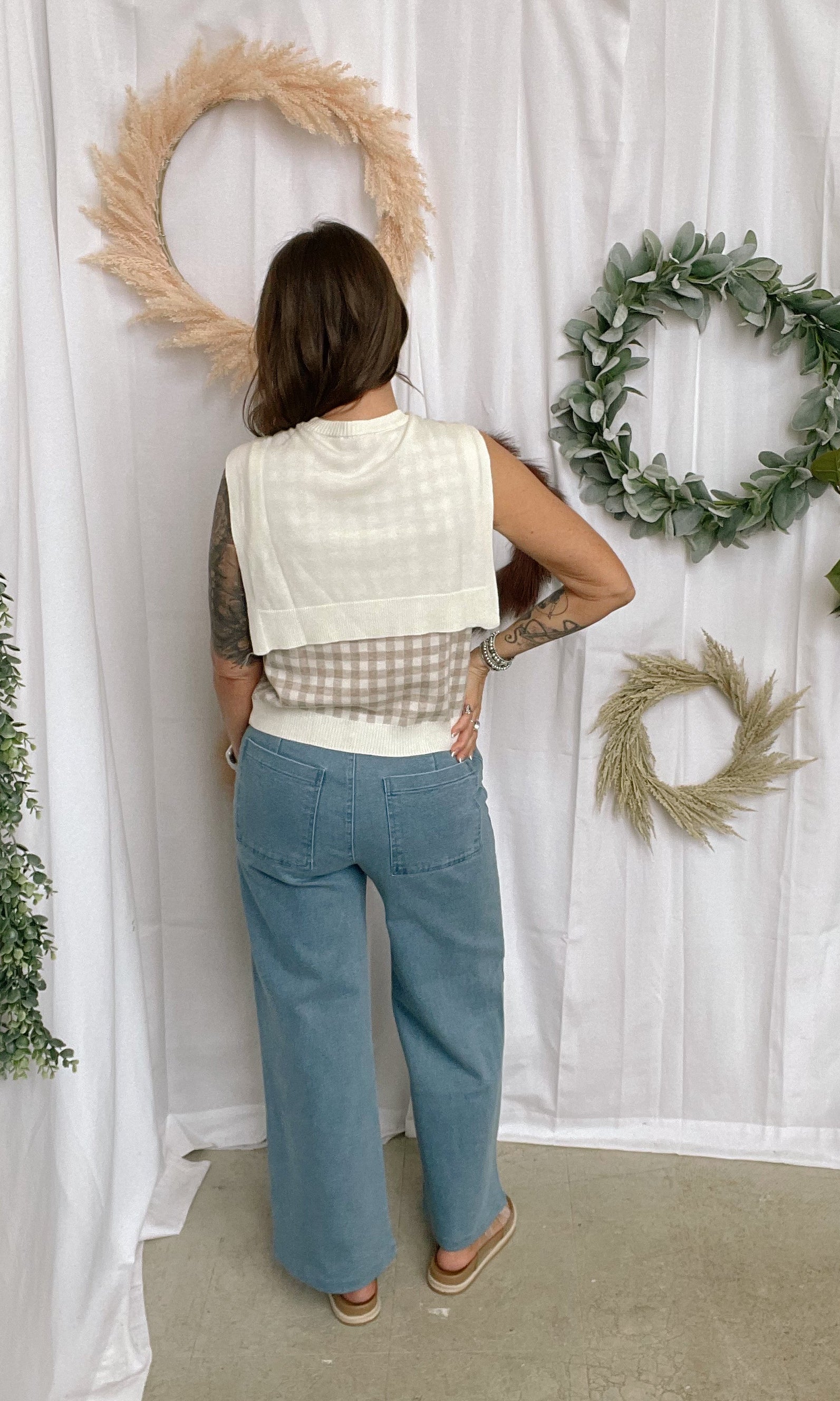 Oatmeal Gingham Tank Sweater Top-Tank Tops-entro-The Silo Boutique, Women's Fashion Boutique Located in Warren and Grand Forks North Dakota