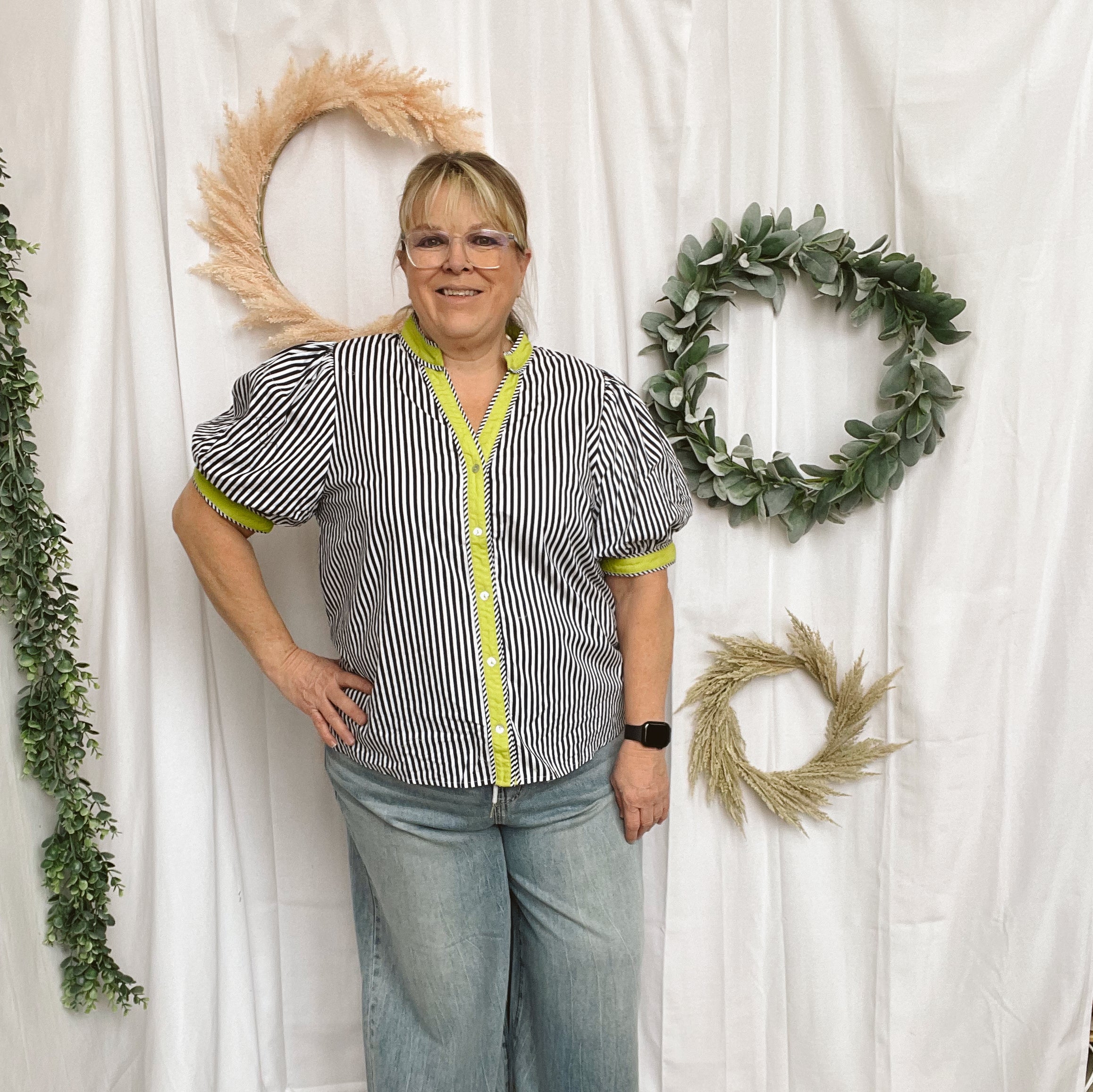 Navy Stripe with Lime Top-Short Sleeve Tops-ENTRO-The Silo Boutique, Women's Fashion Boutique Located in Warren and Grand Forks North Dakota