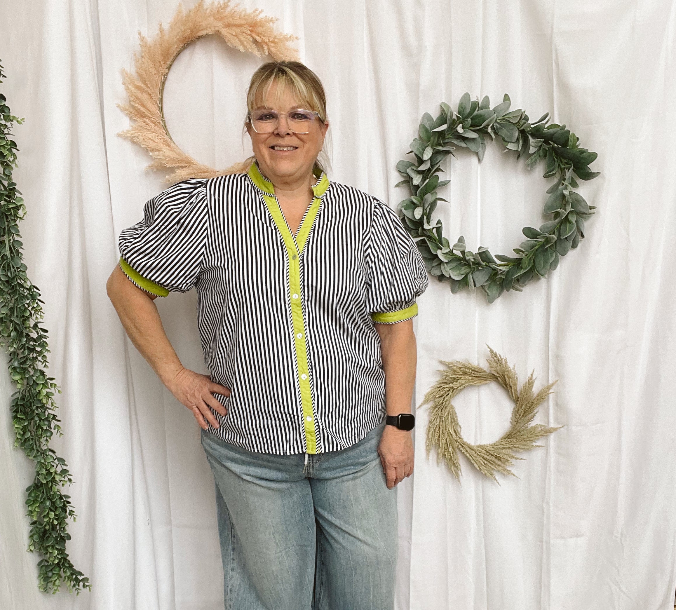 Navy Stripe with Lime Top-Short Sleeve Tops-ENTRO-The Silo Boutique, Women's Fashion Boutique Located in Warren and Grand Forks North Dakota