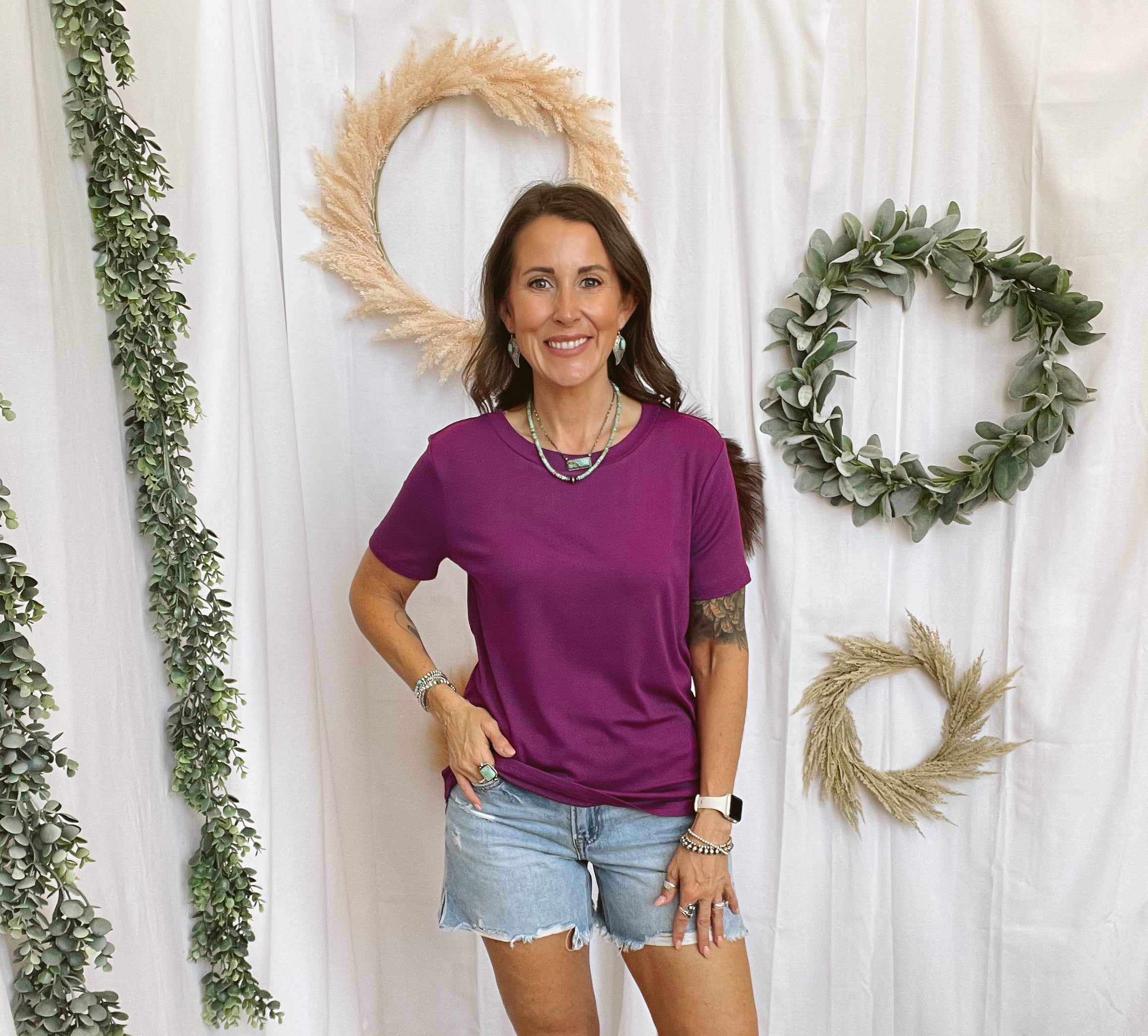 Bella Basic Round Neck Top-Magenta-Short Sleeve Tops-staccato-The Silo Boutique, Women's Fashion Boutique Located in Warren and Grand Forks North Dakota