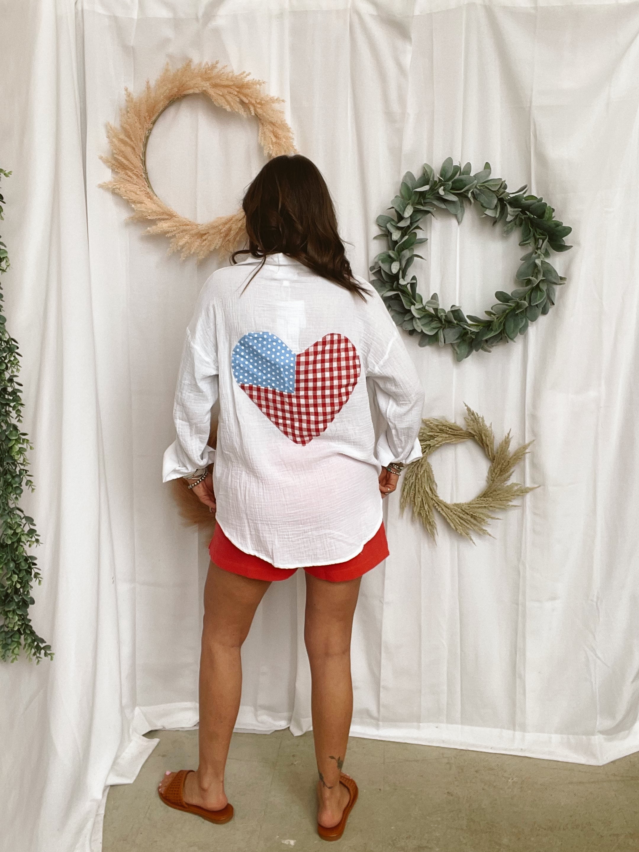 White Button Up With Flag Heart-Long Sleeve Tops-anniewear-The Silo Boutique, Women's Fashion Boutique Located in Warren and Grand Forks North Dakota