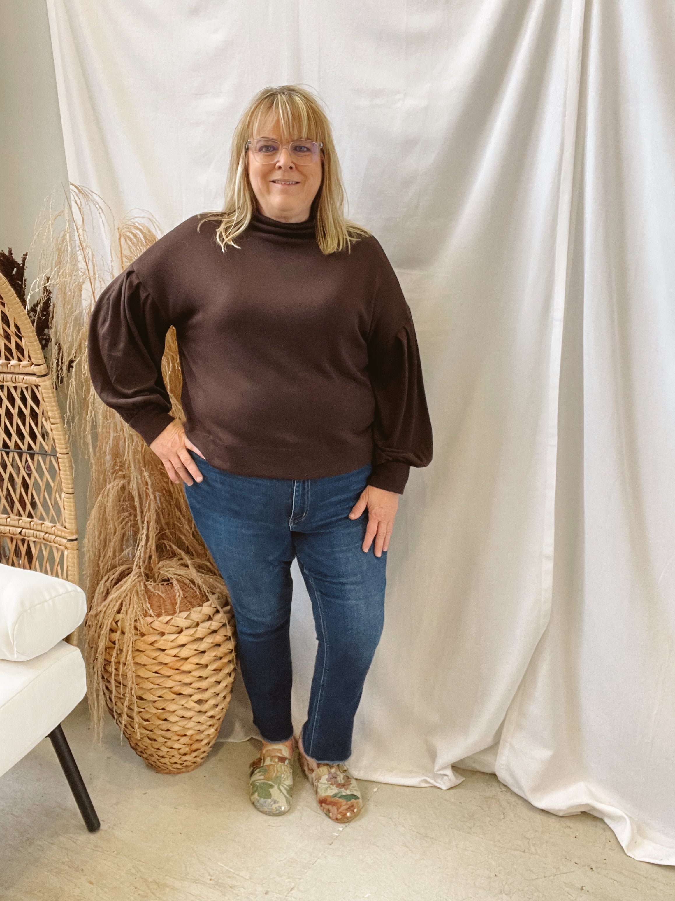 Mock Neck Long Sleeve Top-Brown-Sweaters-ENTRO-The Silo Boutique, Women's Fashion Boutique Located in Warren and Grand Forks North Dakota