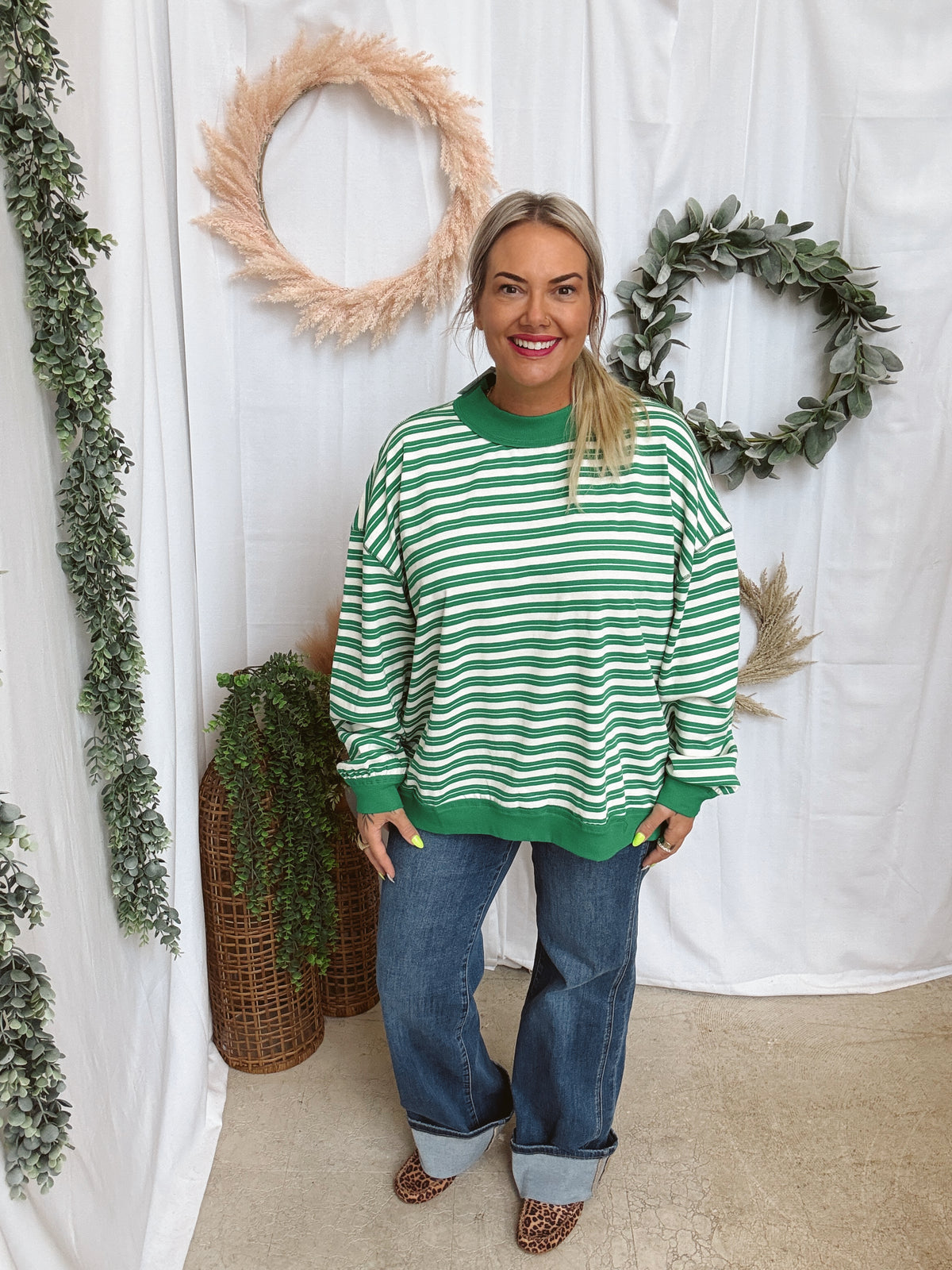 Mary Striped Mock Neck Sweatshirt-Green-Sweatshirts-twentyfourth-The Silo Boutique, Women's Fashion Boutique Located in Warren and Grand Forks North Dakota