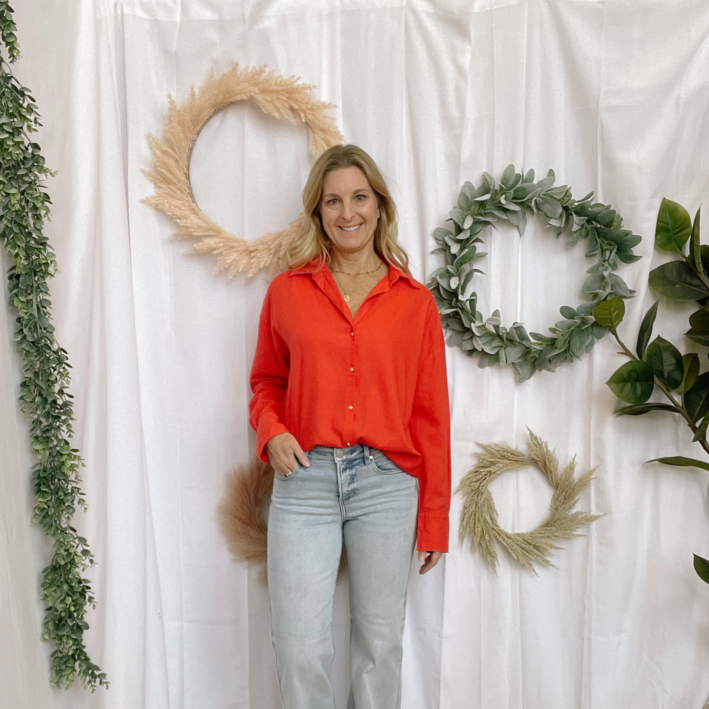 Elan Red Collared Shirt-Long Sleeve Tops-elan-The Silo Boutique, Women's Fashion Boutique Located in Warren and Grand Forks North Dakota
