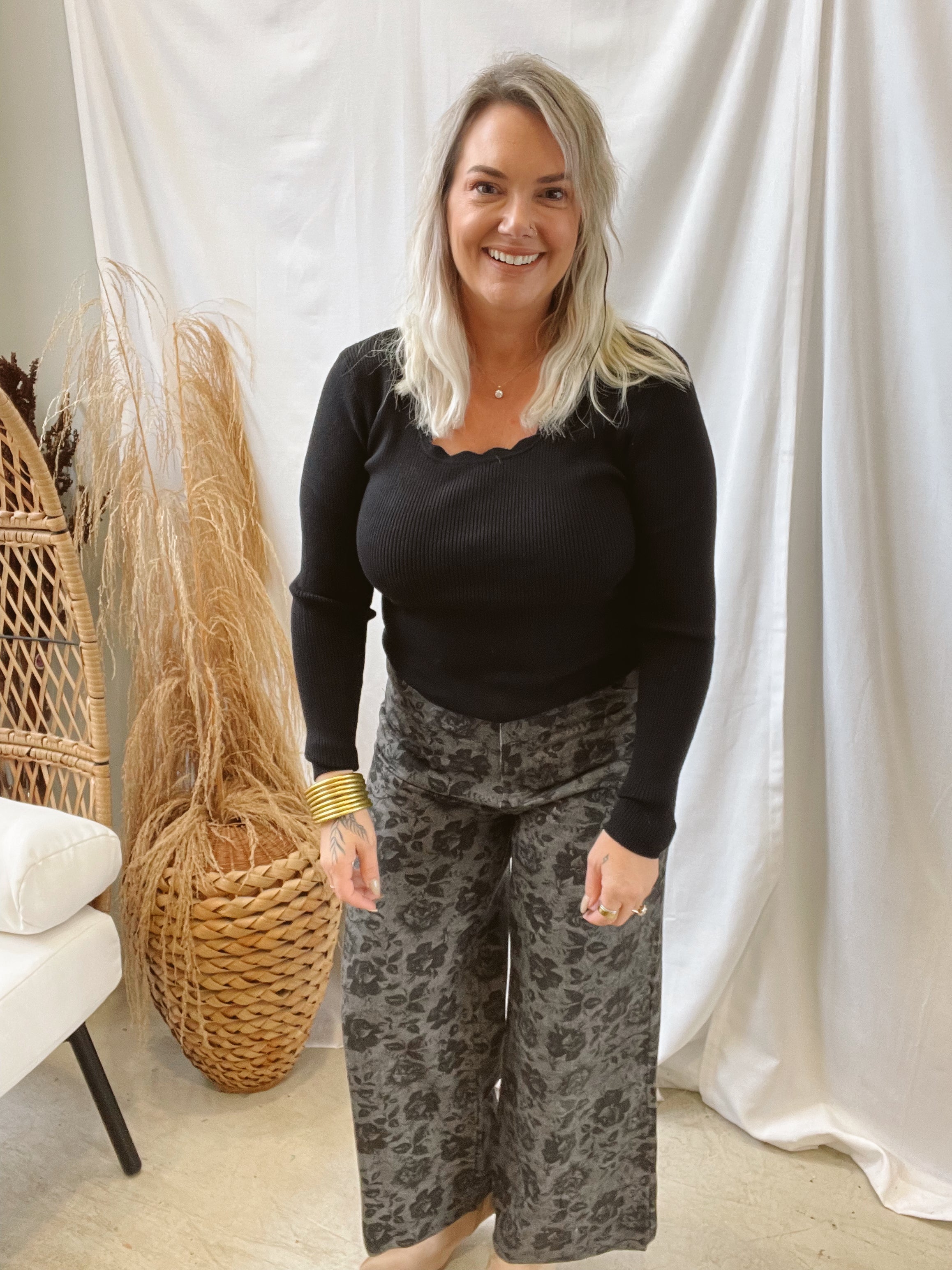 Black Floral Pants-Pants-entro-The Silo Boutique, Women's Fashion Boutique Located in Warren and Grand Forks North Dakota