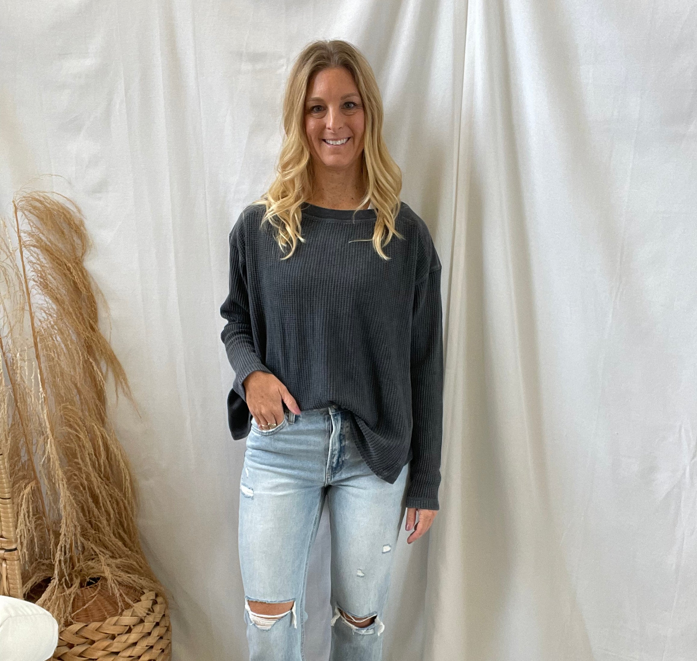Rae Waffle High Low Top-Black-Long Sleeve Tops-rae mode-The Silo Boutique, Women's Fashion Boutique Located in Warren and Grand Forks North Dakota
