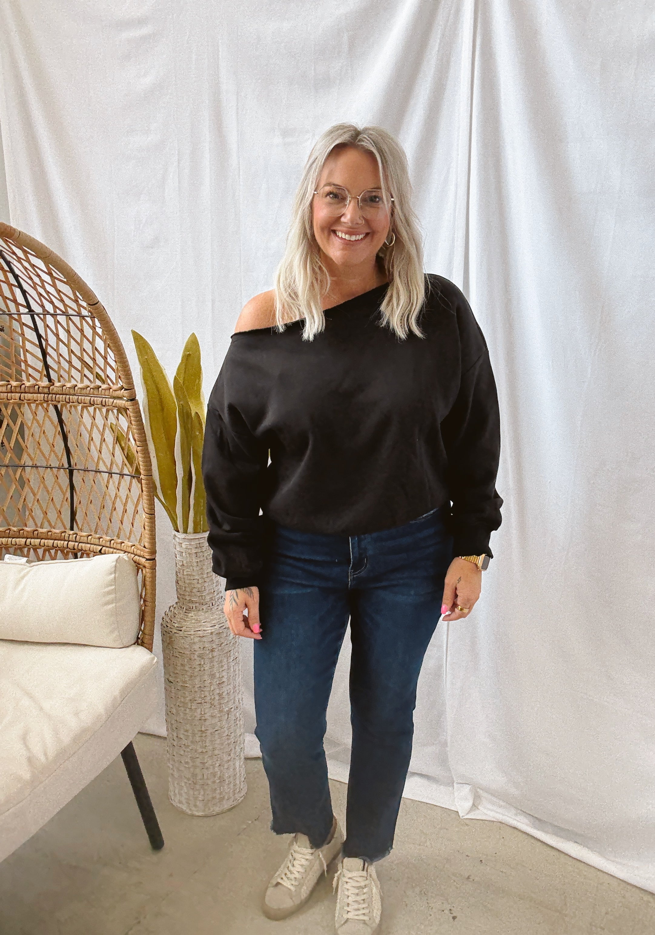 Black Off The Shoulder Sweatshirt-Tank Tops-rae mode-The Silo Boutique, Women's Fashion Boutique Located in Warren and Grand Forks North Dakota