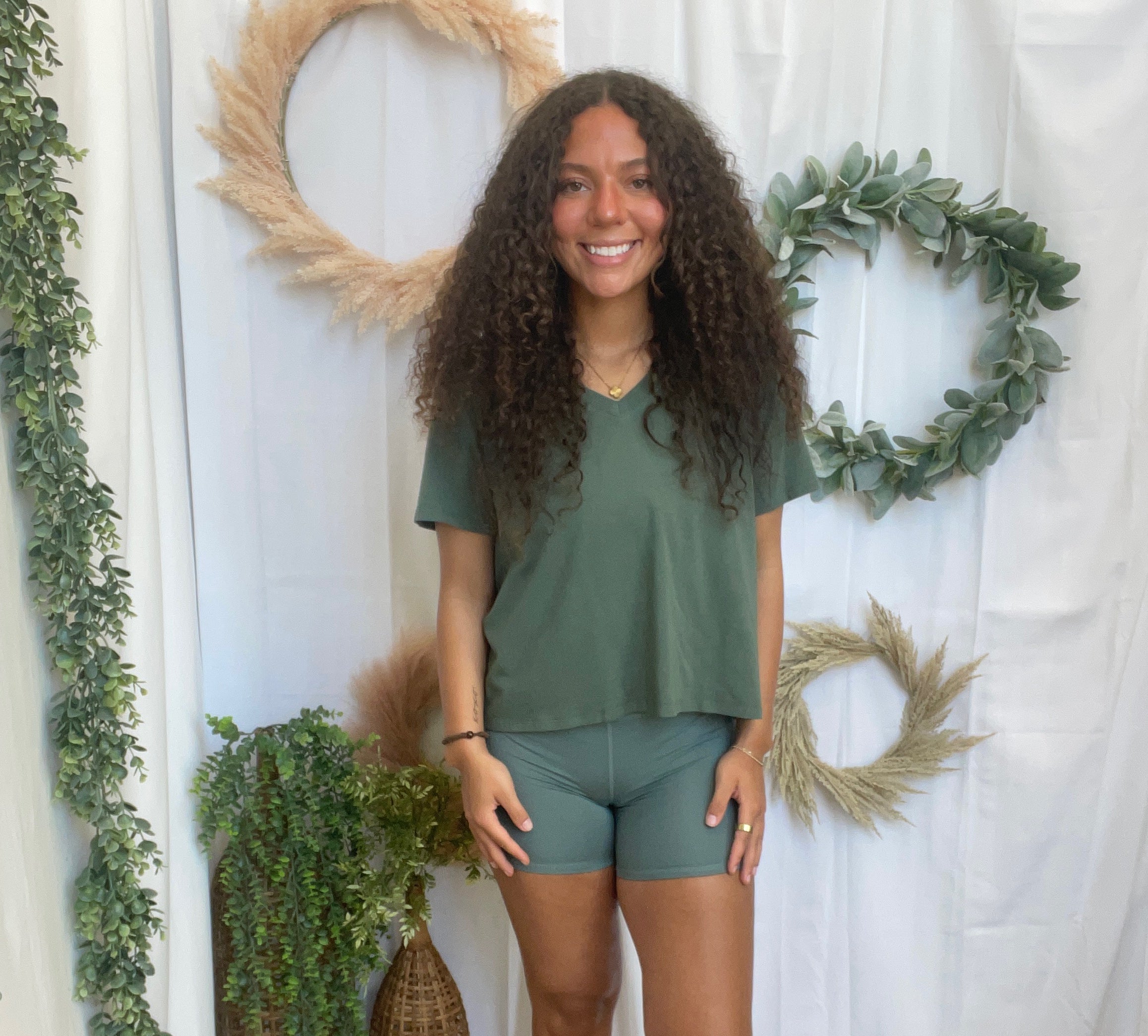 Mono B Pima V Neck Top-Pine-Short Sleeve Tops-mono b-The Silo Boutique, Women's Fashion Boutique Located in Warren and Grand Forks North Dakota