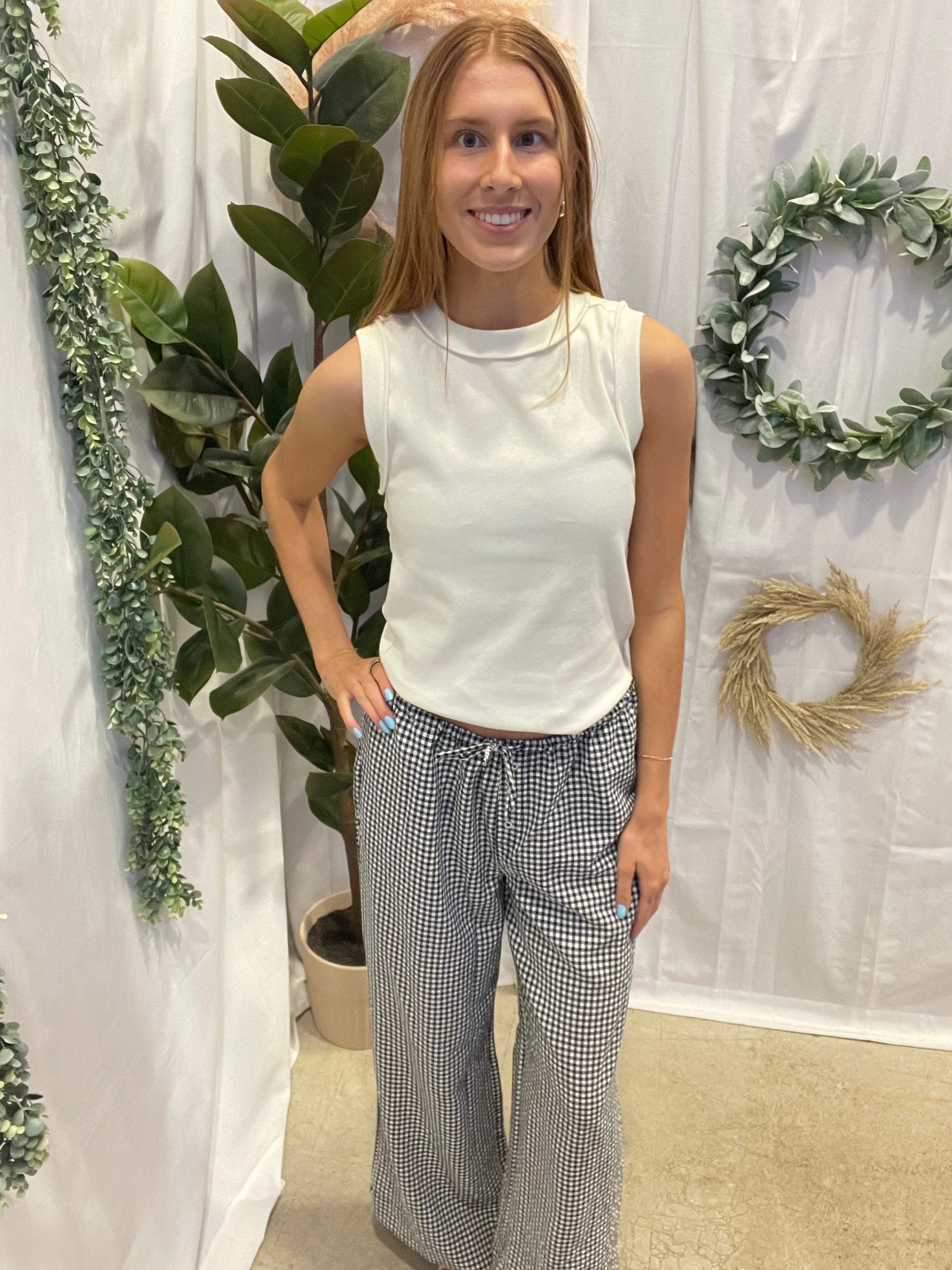 Gingham Wide Leg Pants-Black-Pants-hyfve-The Silo Boutique, Women's Fashion Boutique Located in Warren and Grand Forks North Dakota