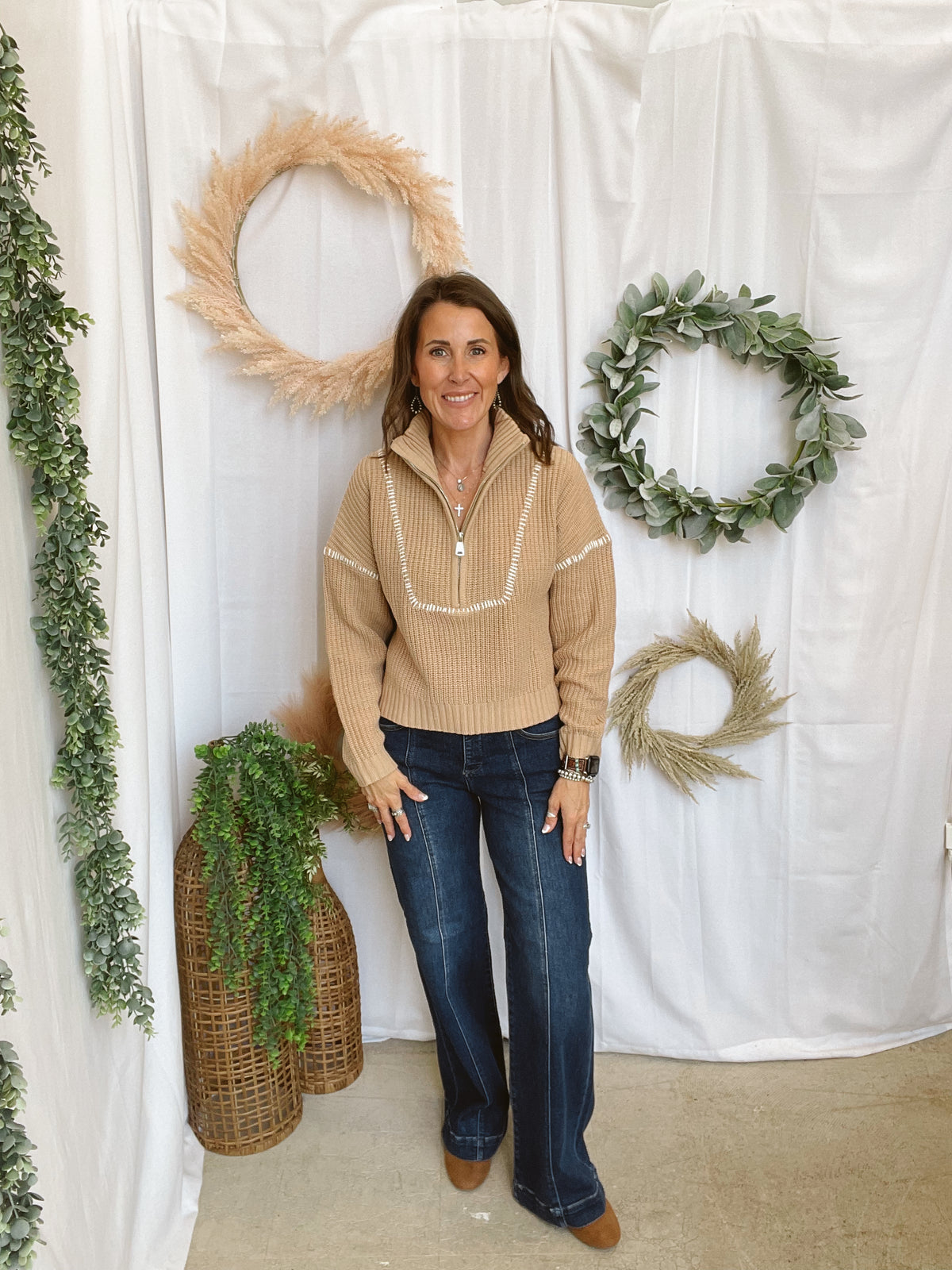 Elan Sadie Quarter Zip Sweater-Tan-Sweaters-elan-The Silo Boutique, Women's Fashion Boutique Located in Warren and Grand Forks North Dakota