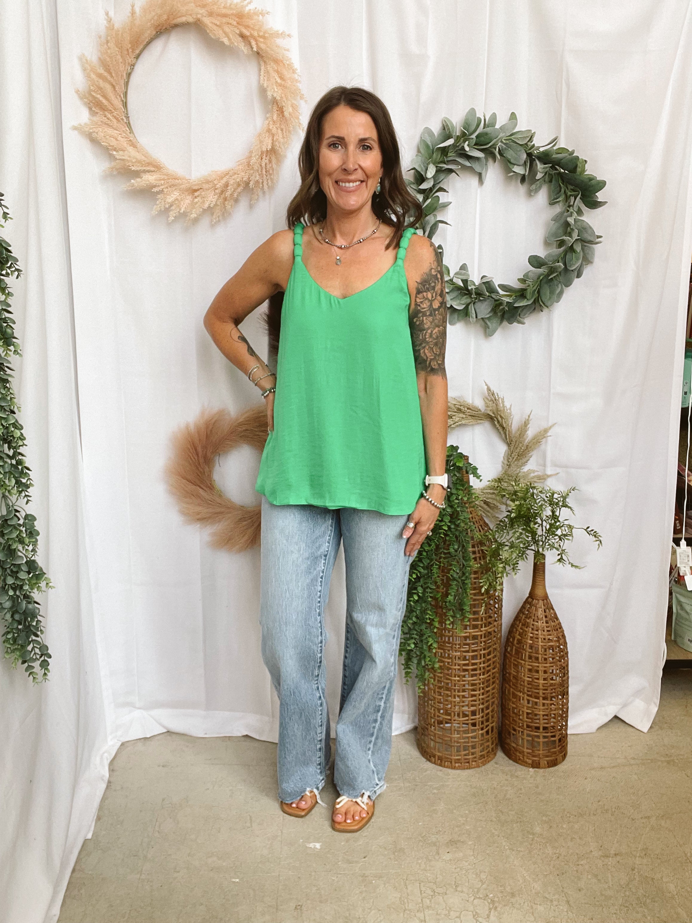 Bubble Braided Strap Tank Top-Green-Tank Tops-pink zebra-The Silo Boutique, Women's Fashion Boutique Located in Warren and Grand Forks North Dakota