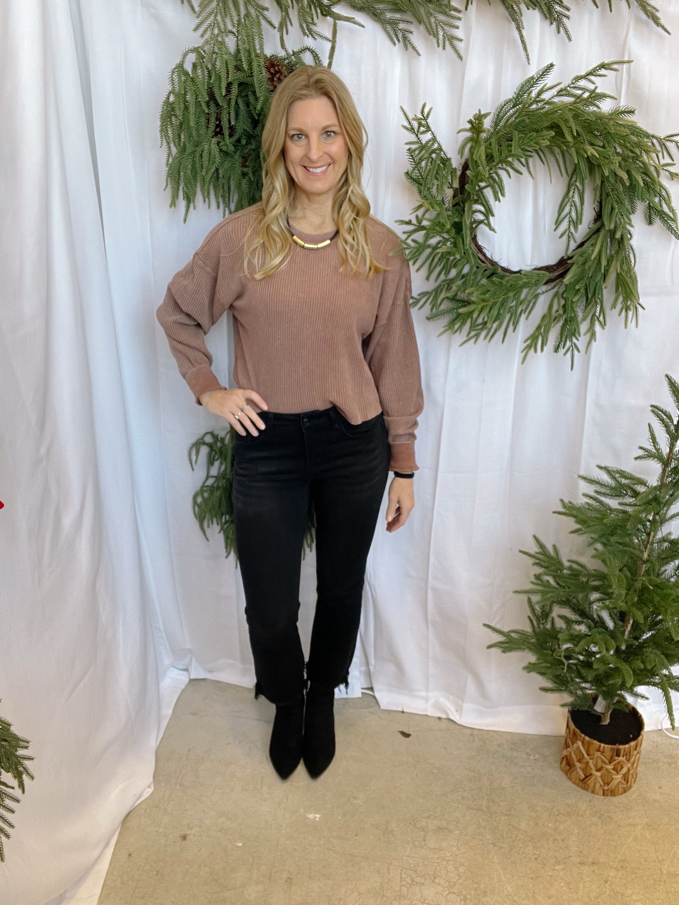 Relaxed Waffle Knit Top-Chestnut-Long Sleeve Tops-hyfve-The Silo Boutique, Women's Fashion Boutique Located in Warren and Grand Forks North Dakota