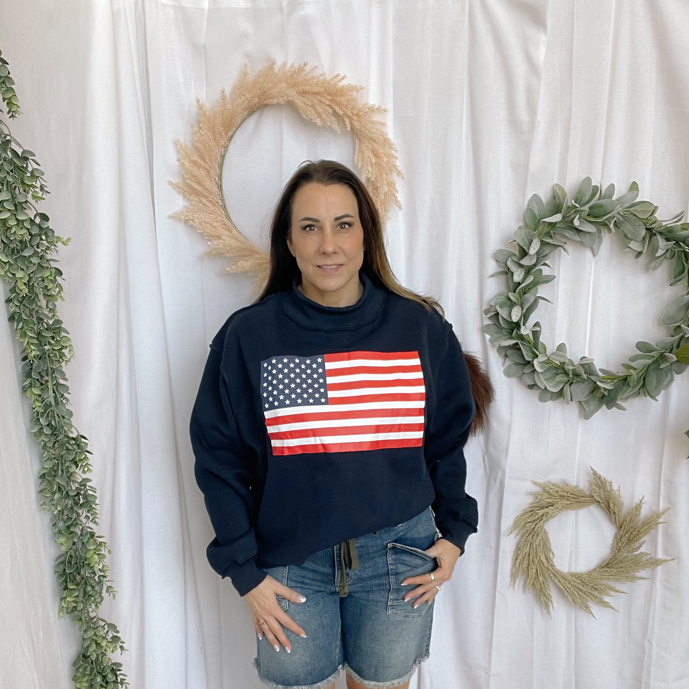 Bucketlist Flag/USA Reversible Sweatshirt-Navy-Sweatshirts-bucketlist-The Silo Boutique, Women's Fashion Boutique Located in Warren and Grand Forks North Dakota