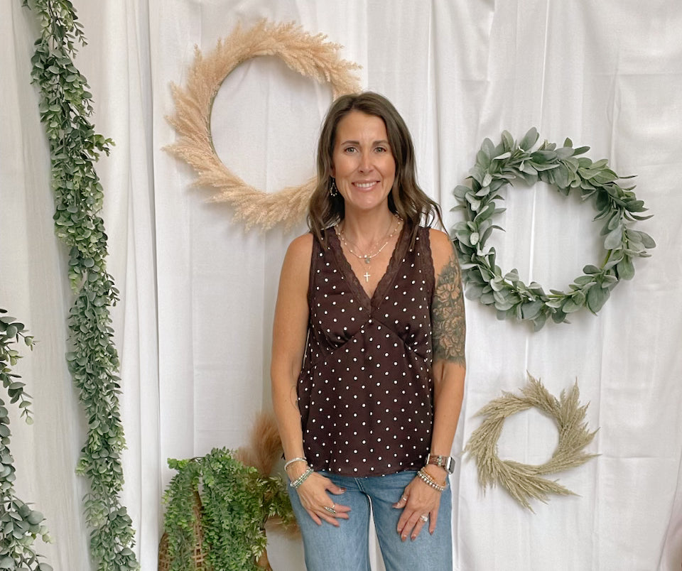 Polka Dot Satin Lace Tank Top-Tank Tops-skies are blue-The Silo Boutique, Women's Fashion Boutique Located in Warren and Grand Forks North Dakota