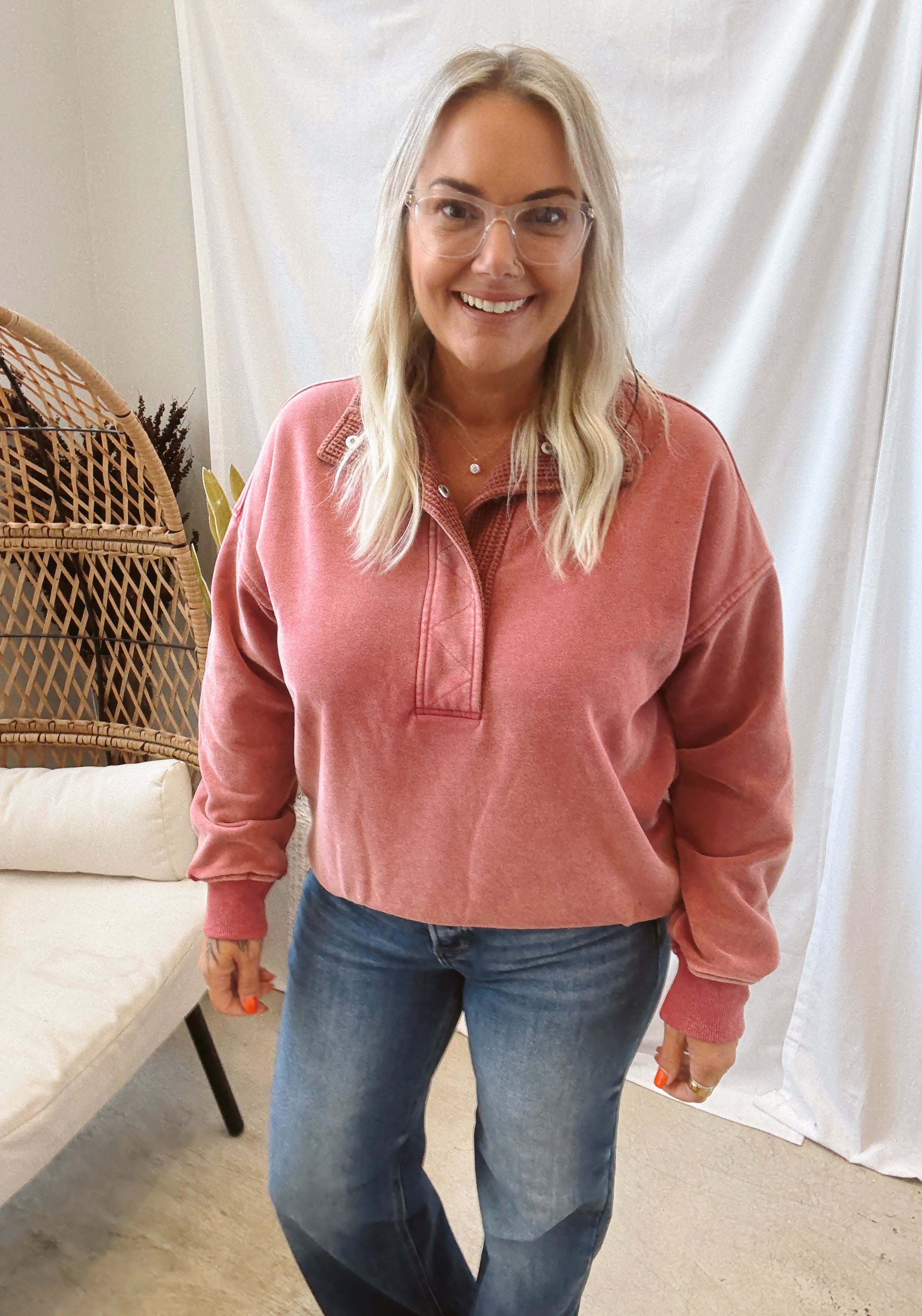 Vintage Red Waffle Mix Quarter Pullover Sweatshirt-Sweatshirts-hem and thread-The Silo Boutique, Women's Fashion Boutique Located in Warren and Grand Forks North Dakota