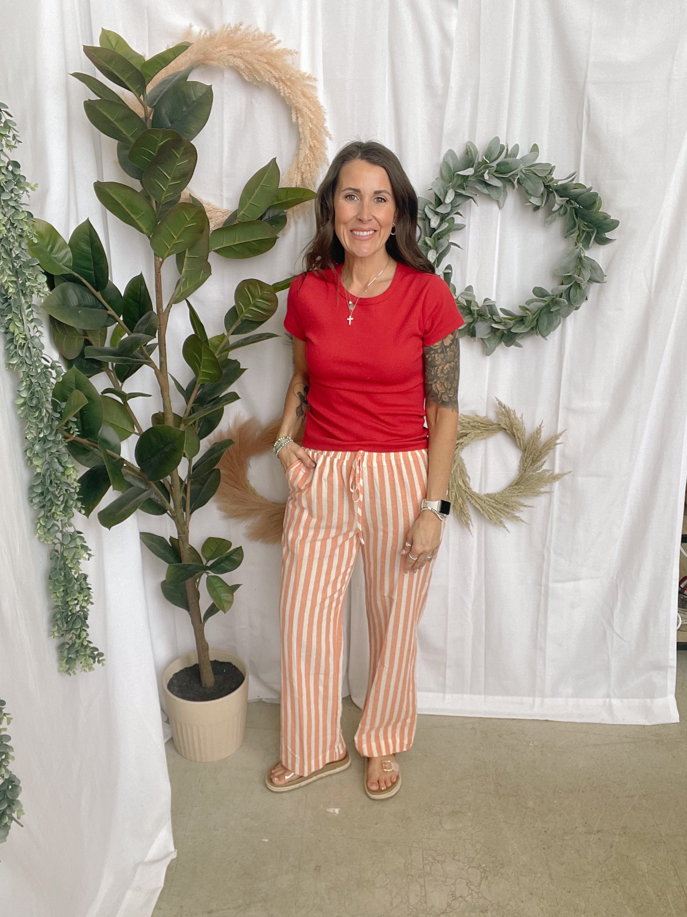 Coral Striped Wide Leg Pants-Pants-cozy co-The Silo Boutique, Women's Fashion Boutique Located in Warren and Grand Forks North Dakota