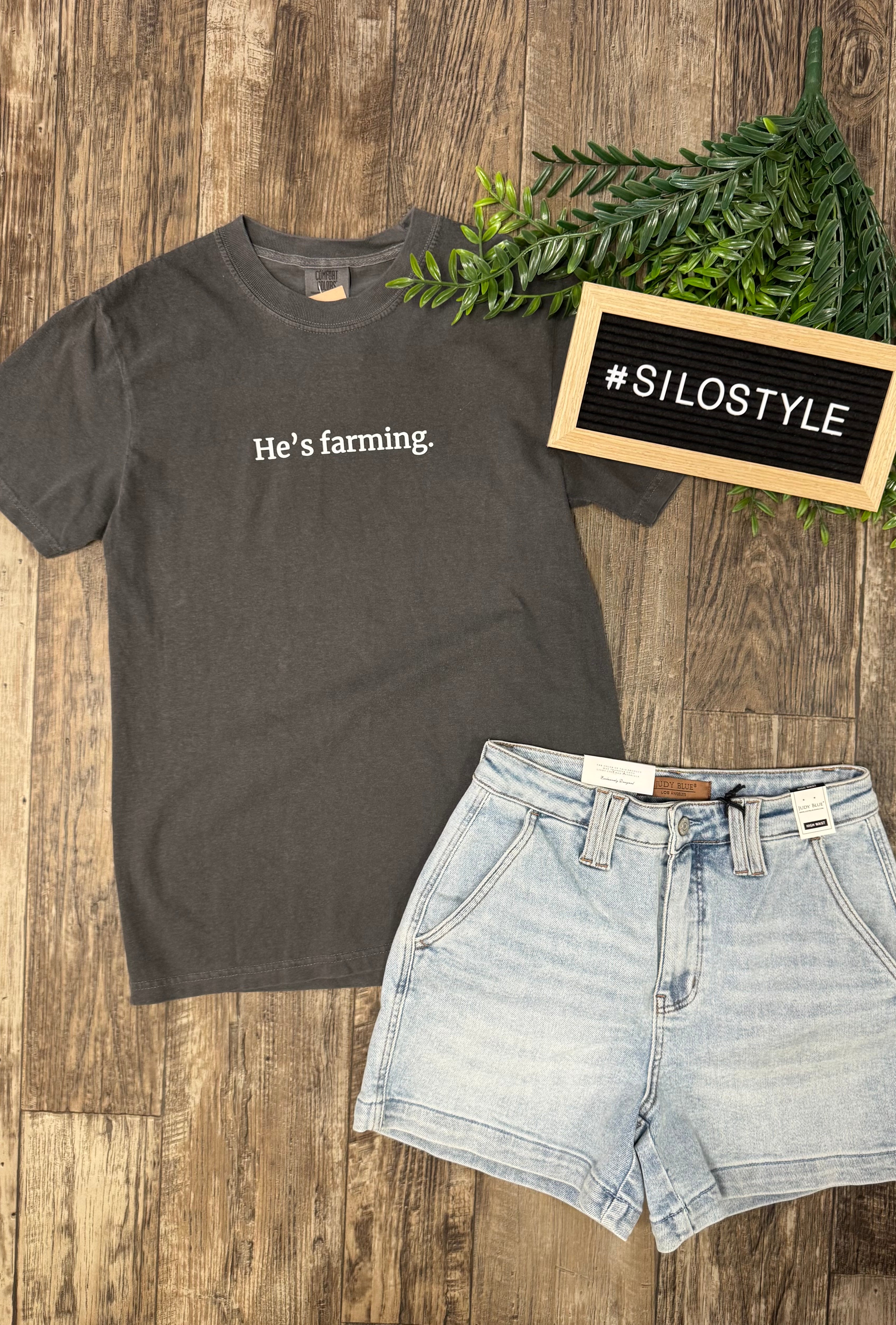 He's Farming Comfort Colors Tee-Short Sleeve Tops-american farm company-The Silo Boutique, Women's Fashion Boutique Located in Warren and Grand Forks North Dakota