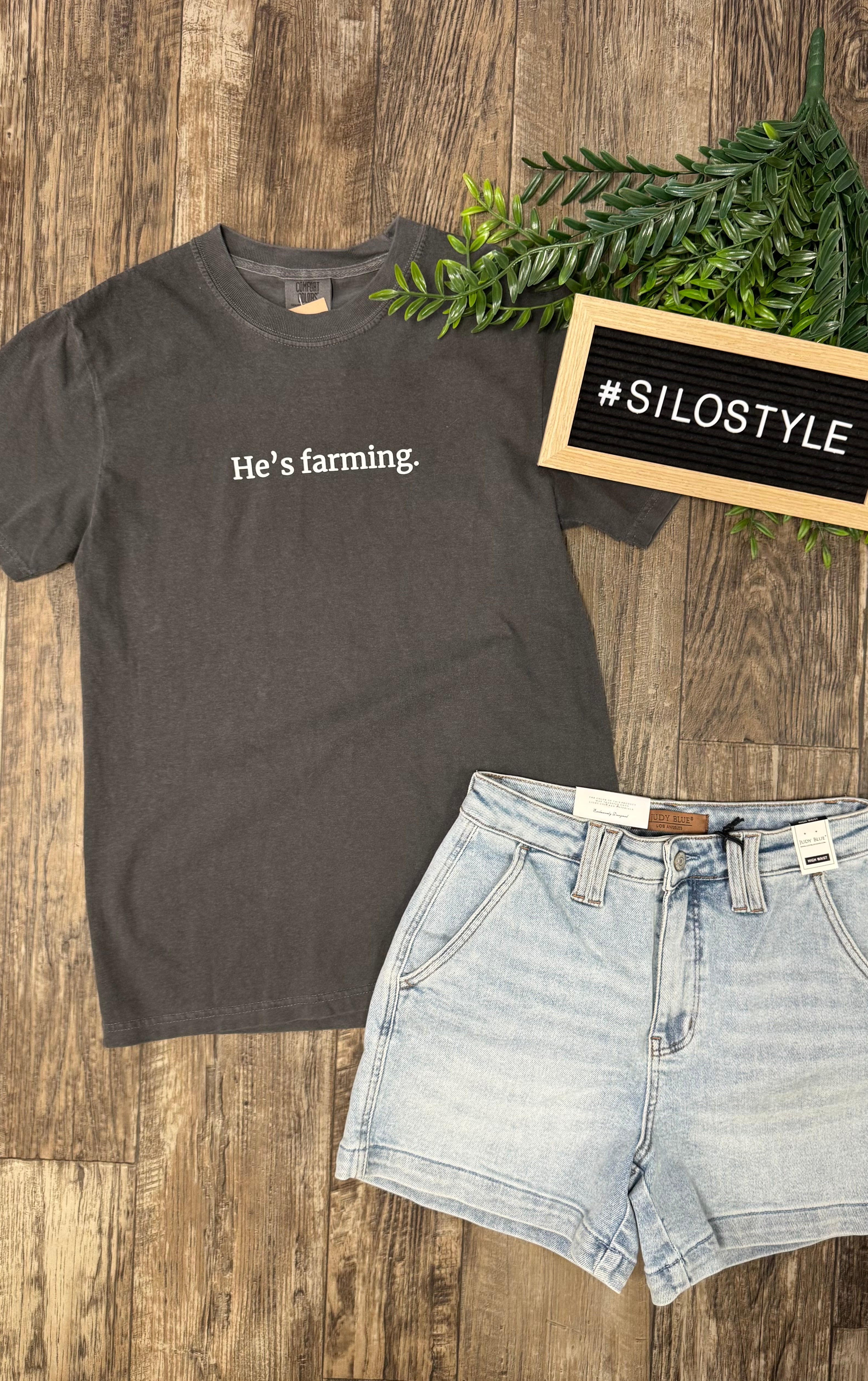 He's Farming Comfort Colors Tee-Short Sleeve Tops-american farm company-The Silo Boutique, Women's Fashion Boutique Located in Warren and Grand Forks North Dakota