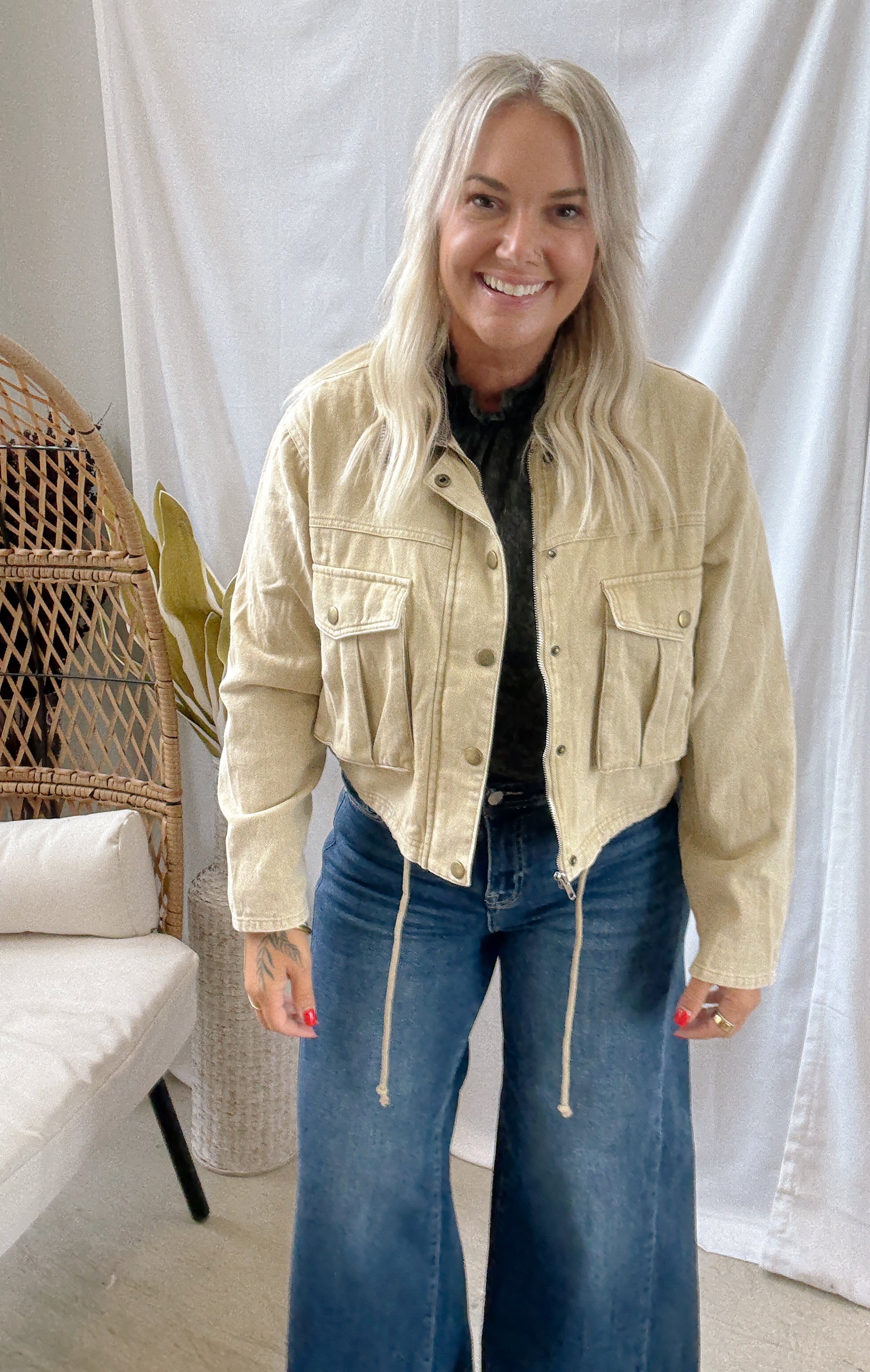 Corduroy Collar Twill Jacket-Sand-Coats & Jackets-hem and thread-The Silo Boutique, Women's Fashion Boutique Located in Warren and Grand Forks North Dakota