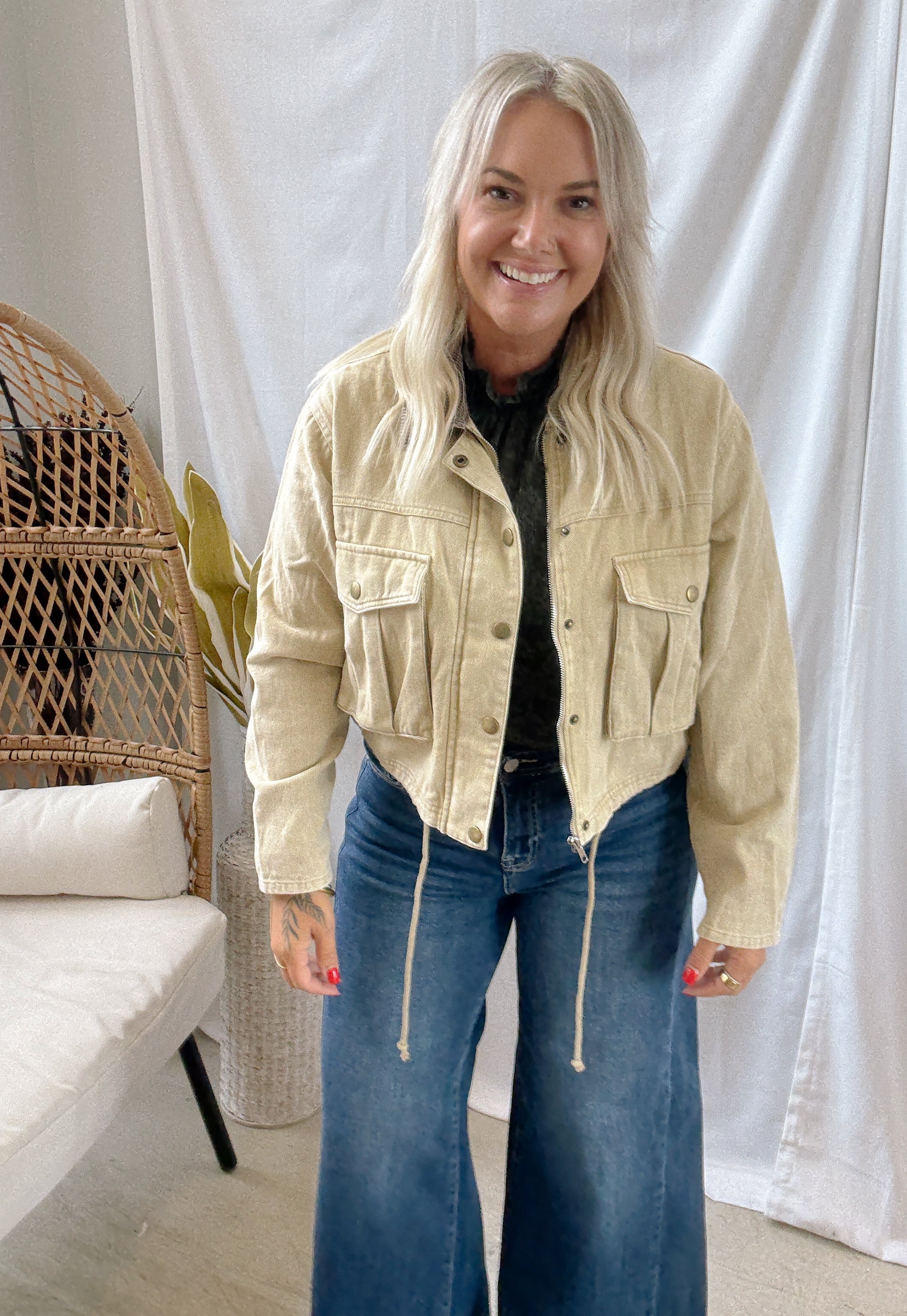 Corduroy Collar Twill Jacket-Sand-Coats & Jackets-hem and thread-The Silo Boutique, Women's Fashion Boutique Located in Warren and Grand Forks North Dakota
