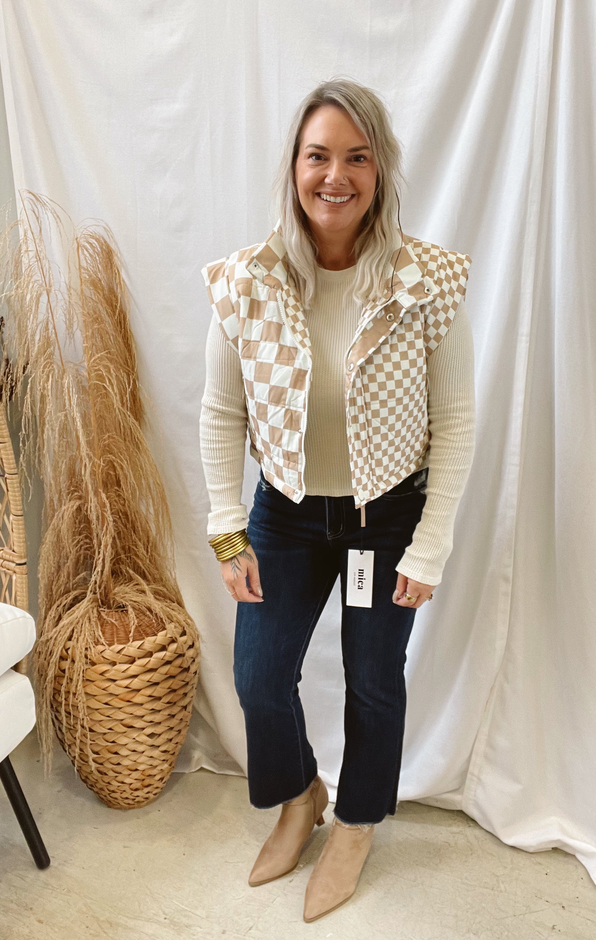 Taupe Checker Vest-Final Sale-Vests-blu pepper-The Silo Boutique, Women's Fashion Boutique Located in Warren and Grand Forks North Dakota