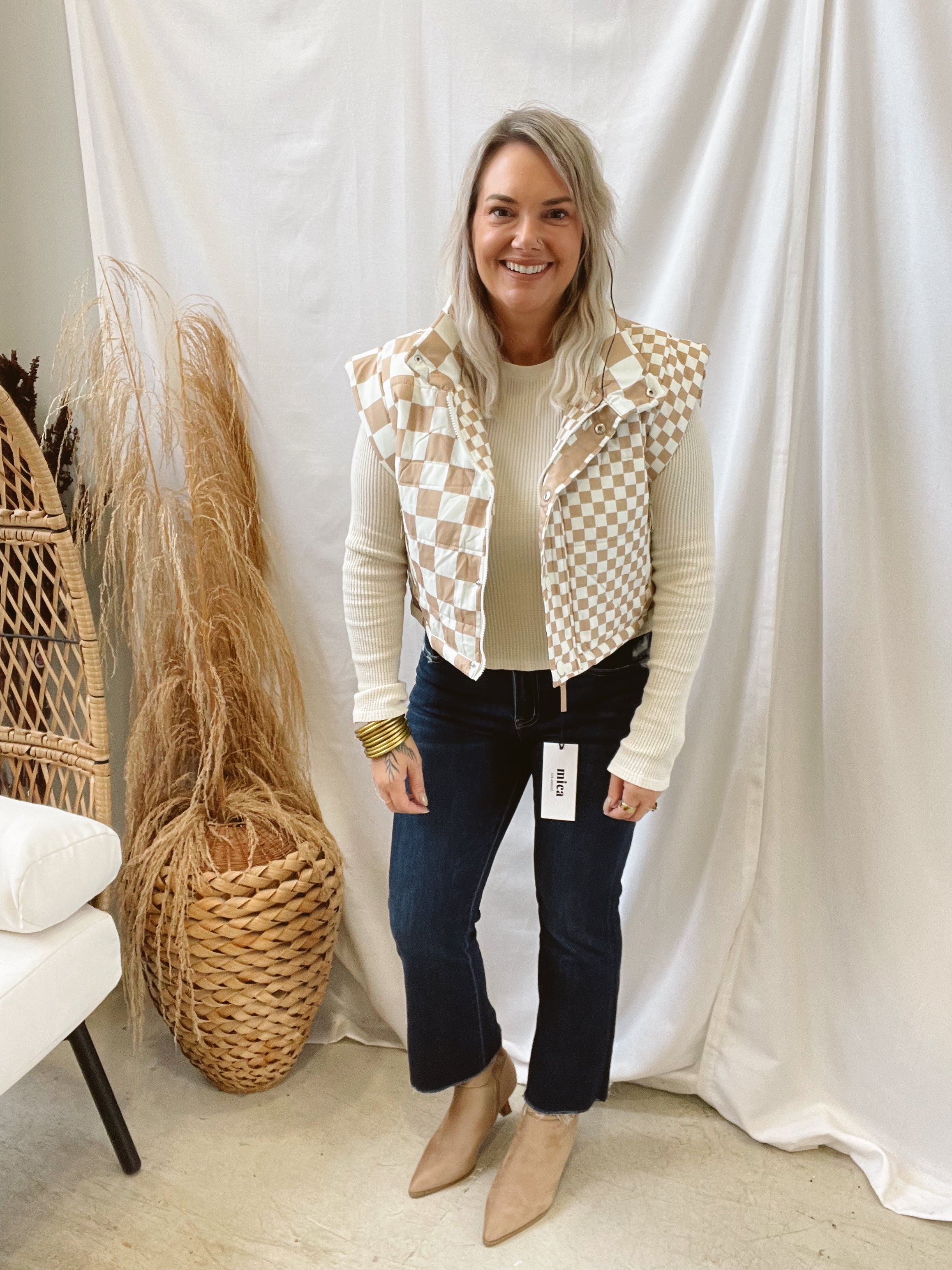 Taupe Checker Vest-Vests-blu pepper-The Silo Boutique, Women's Fashion Boutique Located in Warren and Grand Forks North Dakota