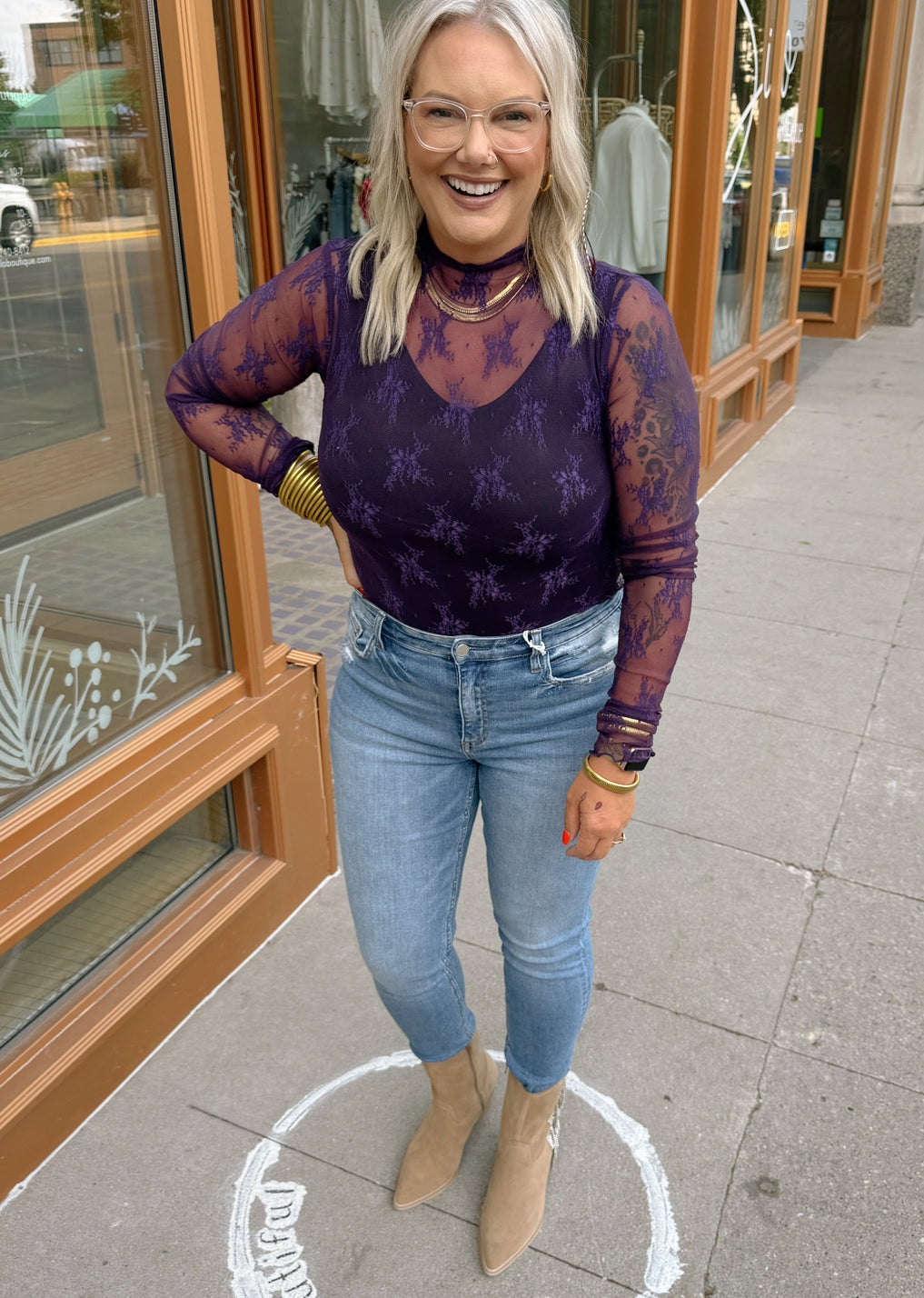 Heather Lace Long Sleeve Top-Long Sleeve Tops-hem and thread-The Silo Boutique, Women's Fashion Boutique Located in Warren and Grand Forks North Dakota