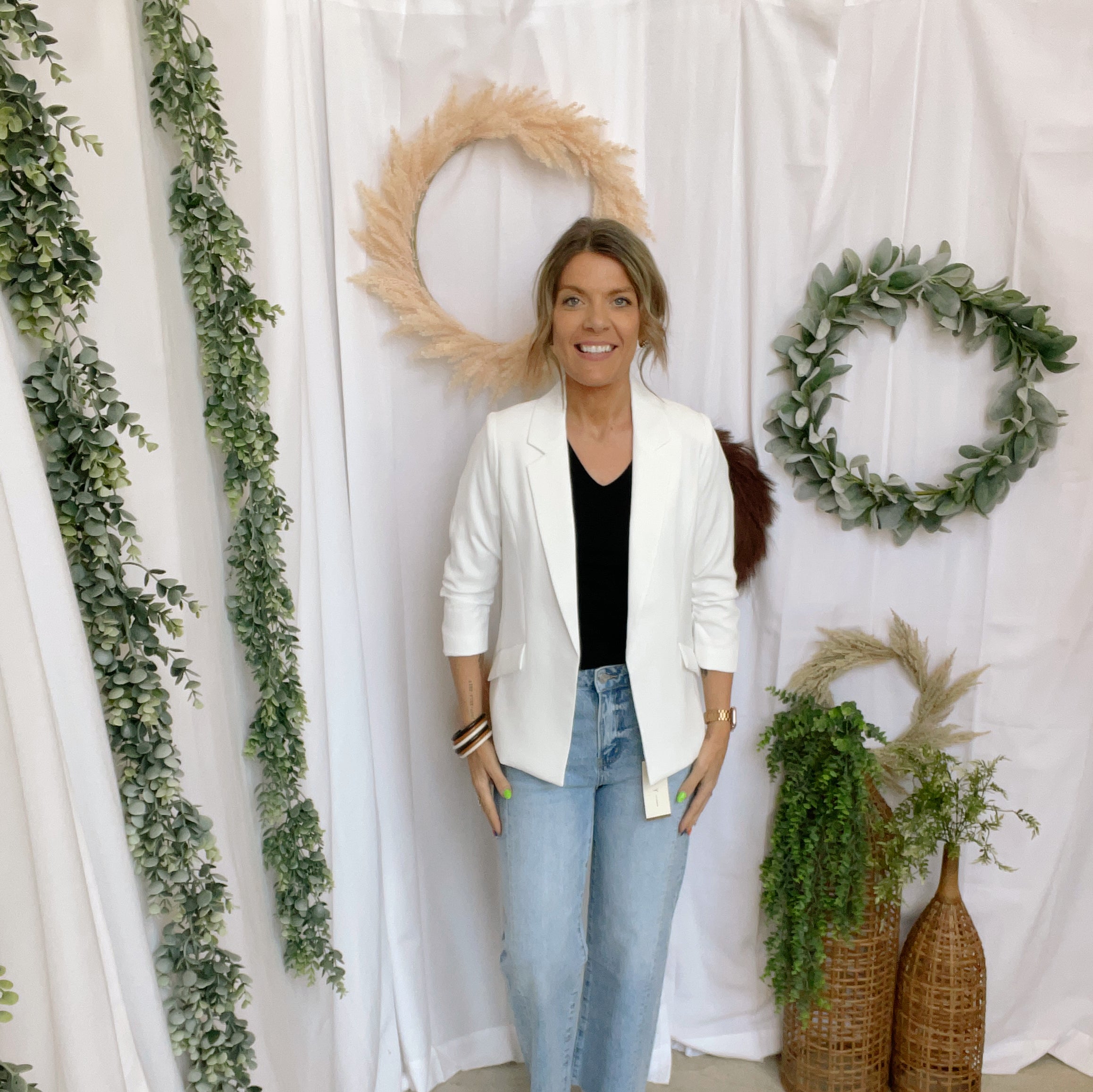 Skies Shirred Sleeve Blazer-White-Blazers-skies are blue-The Silo Boutique, Women's Fashion Boutique Located in Warren and Grand Forks North Dakota