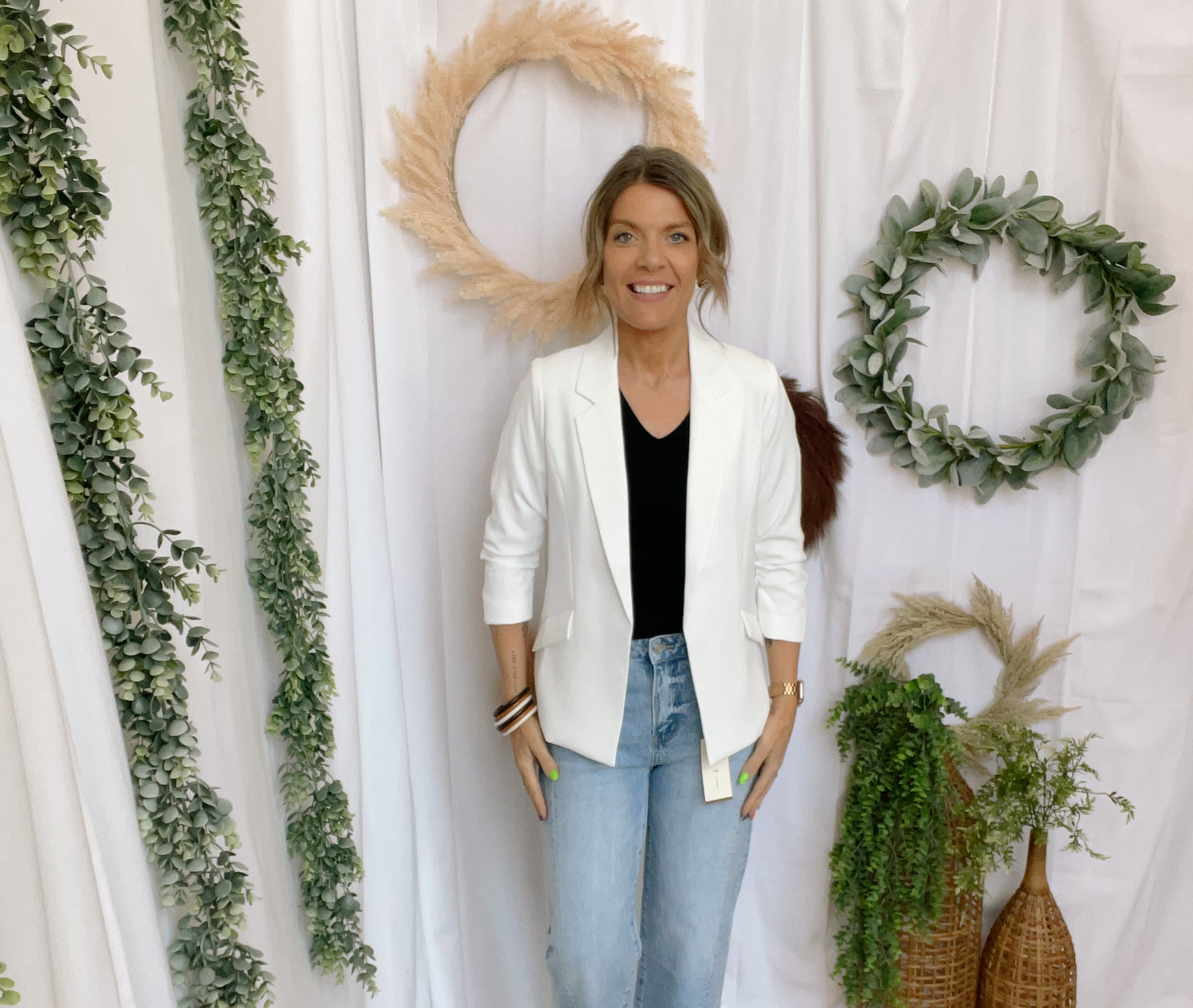 Skies Shirred Sleeve Blazer-White-Blazers-skies are blue-The Silo Boutique, Women's Fashion Boutique Located in Warren and Grand Forks North Dakota