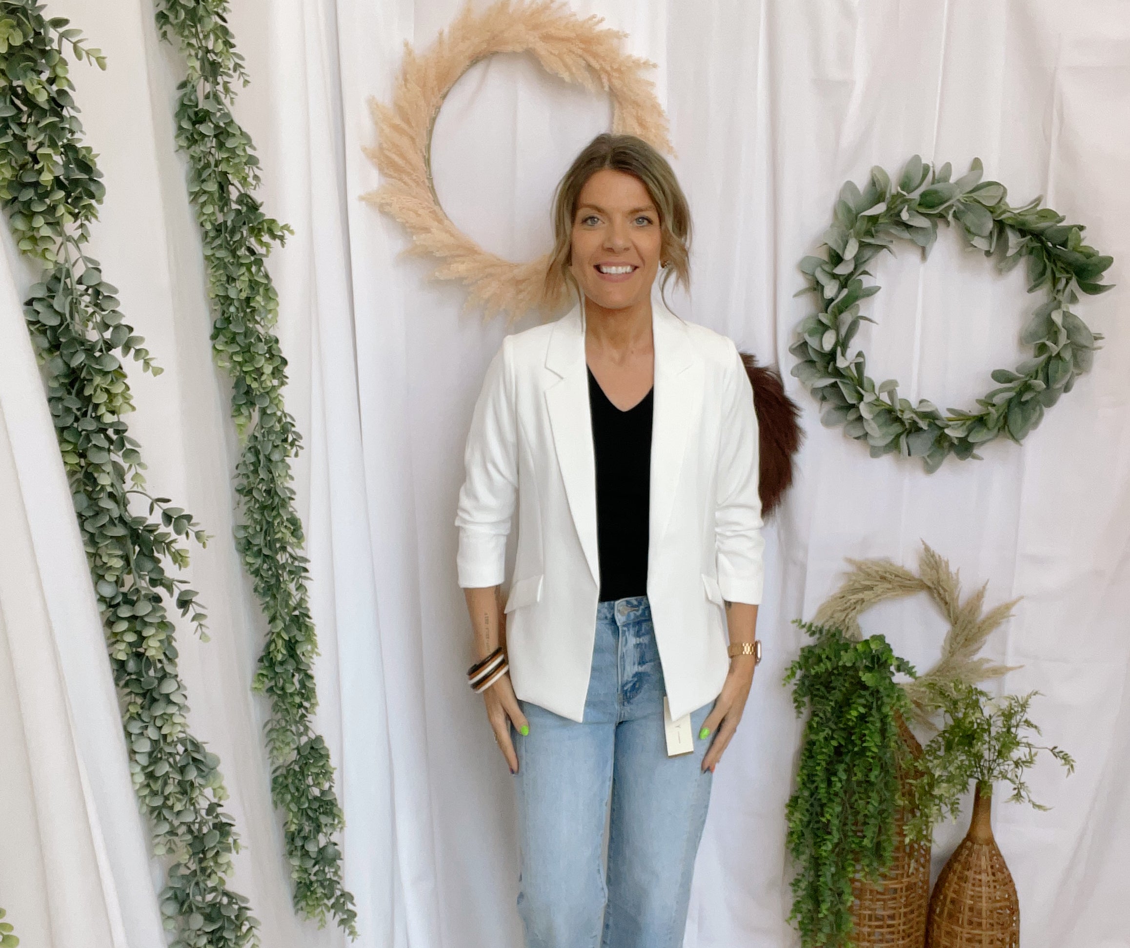 Skies Shirred Sleeve Blazer-White-Blazers-skies are blue-The Silo Boutique, Women's Fashion Boutique Located in Warren and Grand Forks North Dakota