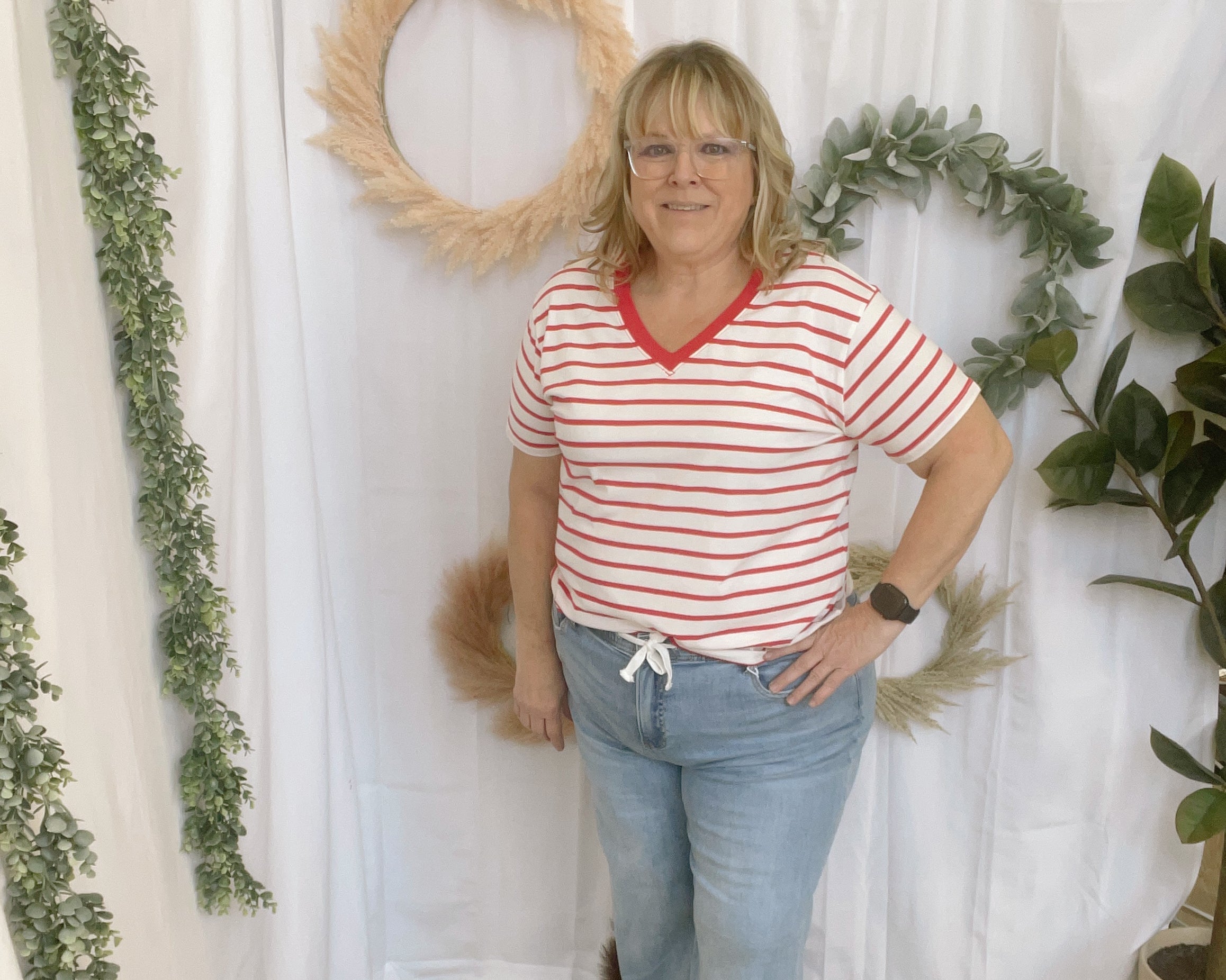 Izzy Striped V Neck Top-Red-Short Sleeve Tops-Zenana-The Silo Boutique, Women's Fashion Boutique Located in Warren and Grand Forks North Dakota