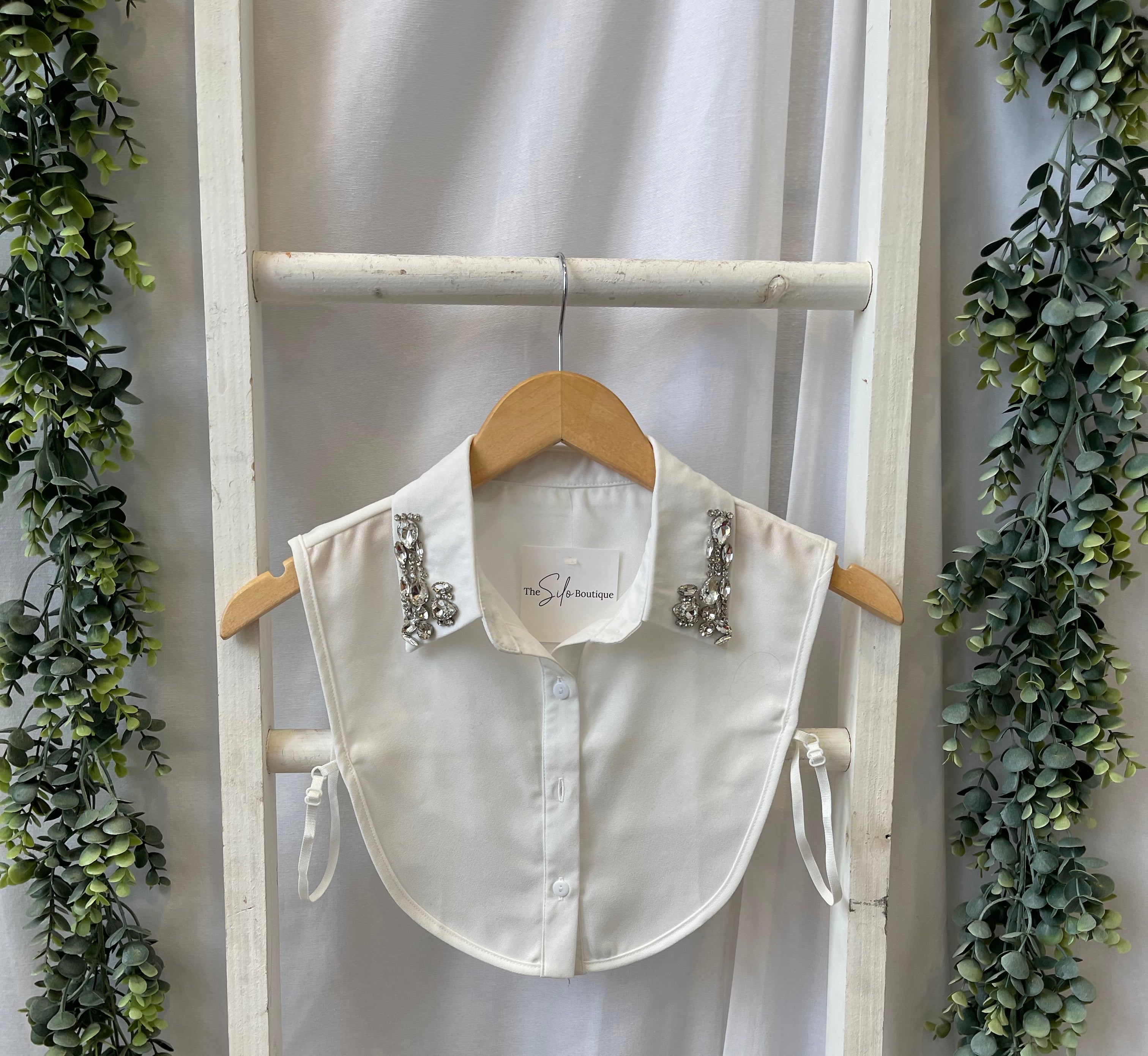 Corporate Collar-White Jewels-Short Sleeve Tops-Summer Tees-The Silo Boutique, Women's Fashion Boutique Located in Warren and Grand Forks North Dakota