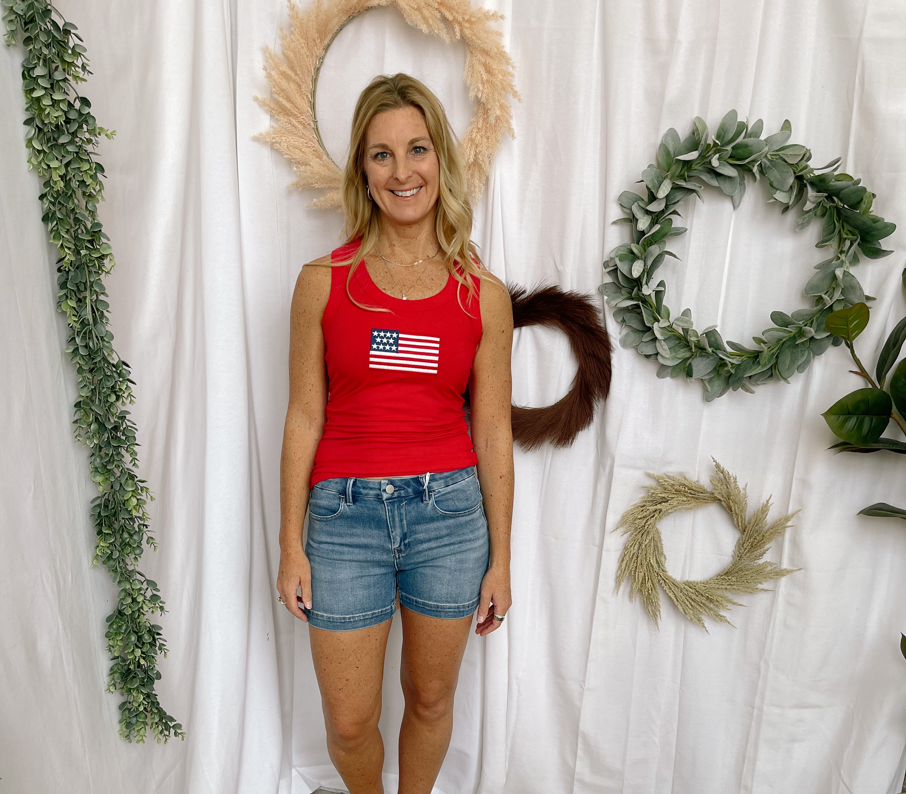 Zen Ribbled Flag Tank Top-Red-Tank Tops-Zenana-The Silo Boutique, Women's Fashion Boutique Located in Warren and Grand Forks North Dakota
